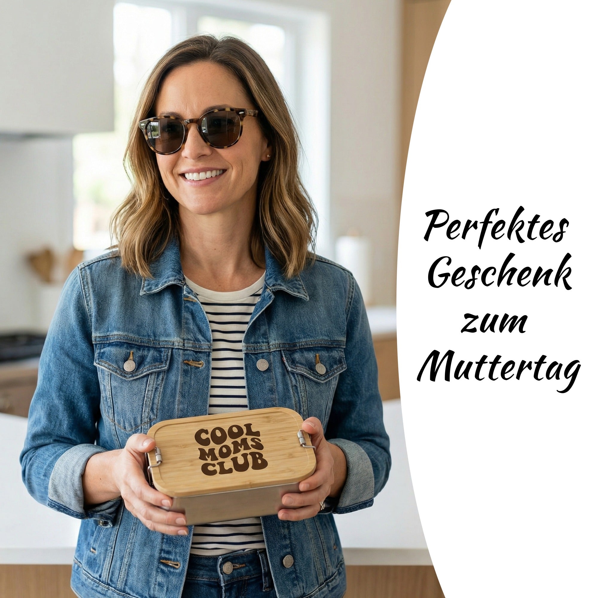 Mutter hält Edelstahl Brotdose „Cool Moms Club“ – Geschenkidee zum Muttertag