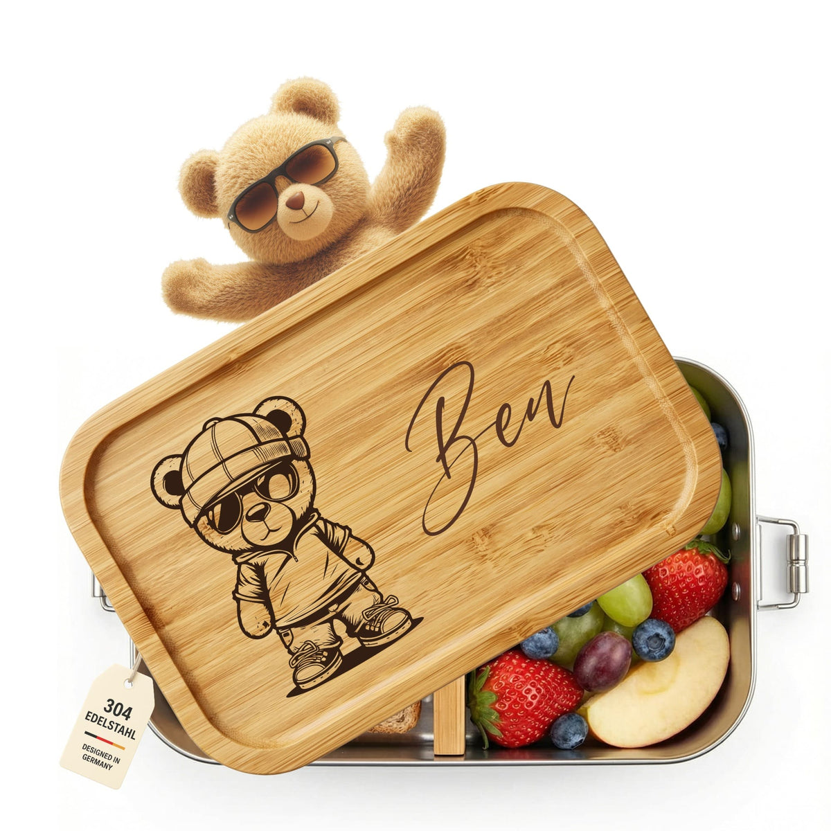 Brotdose Cool Teddy mit Namen aus Edelstahl