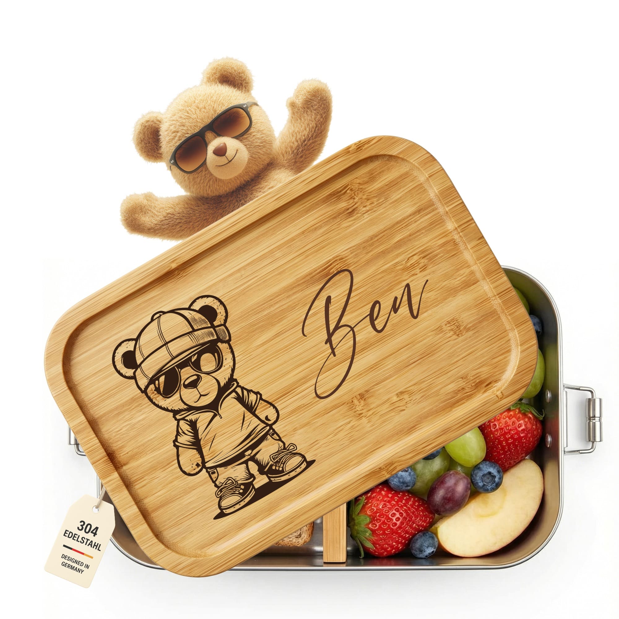 Personalisierte Edelstahl-Brotdose mit Bambusdeckel und CoolTeddy-Gravur mit Namensgravur