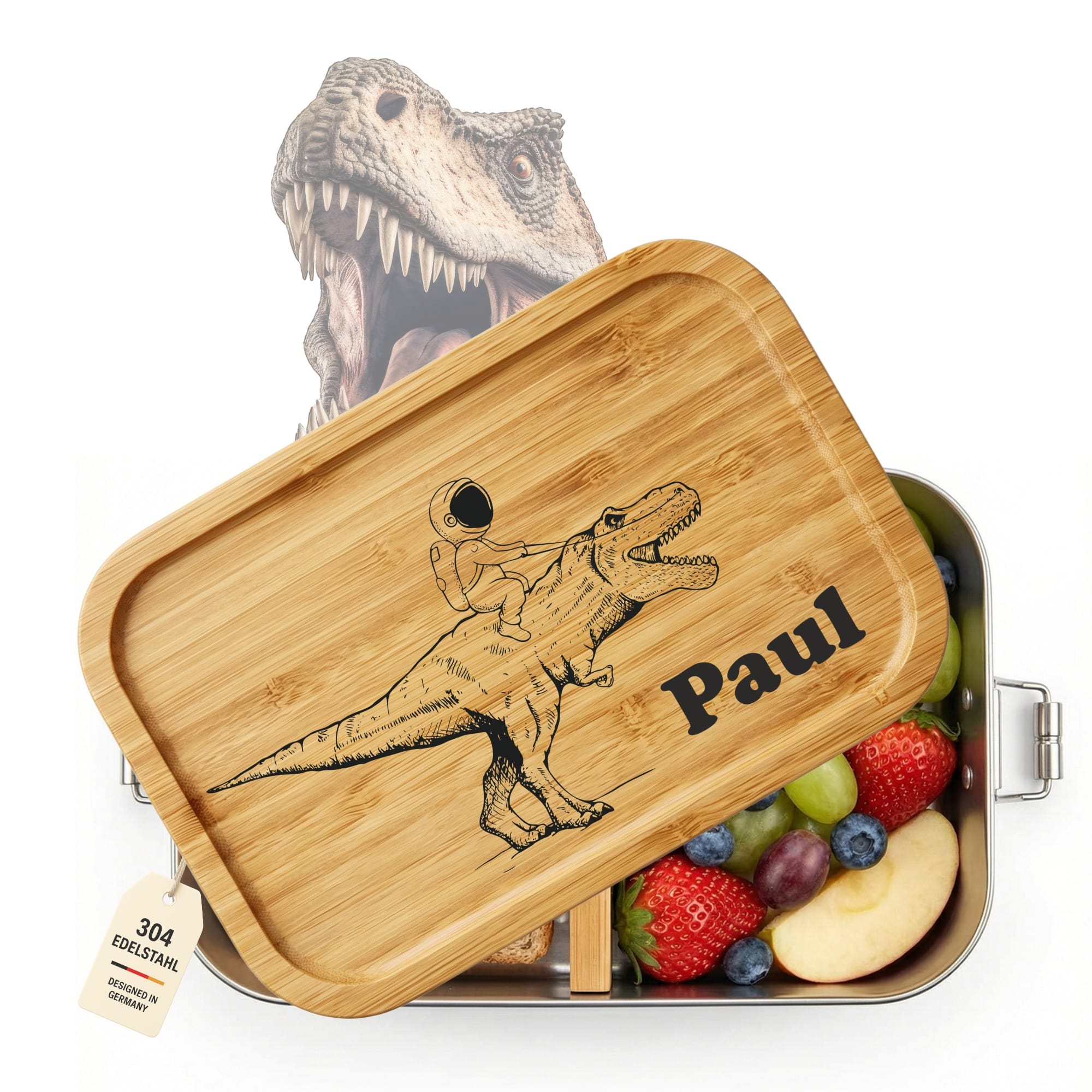 Personalisierte Dino Lunchbox aus Edelstahl mit Astronaut reitet Dinosaurier Motiv und Name