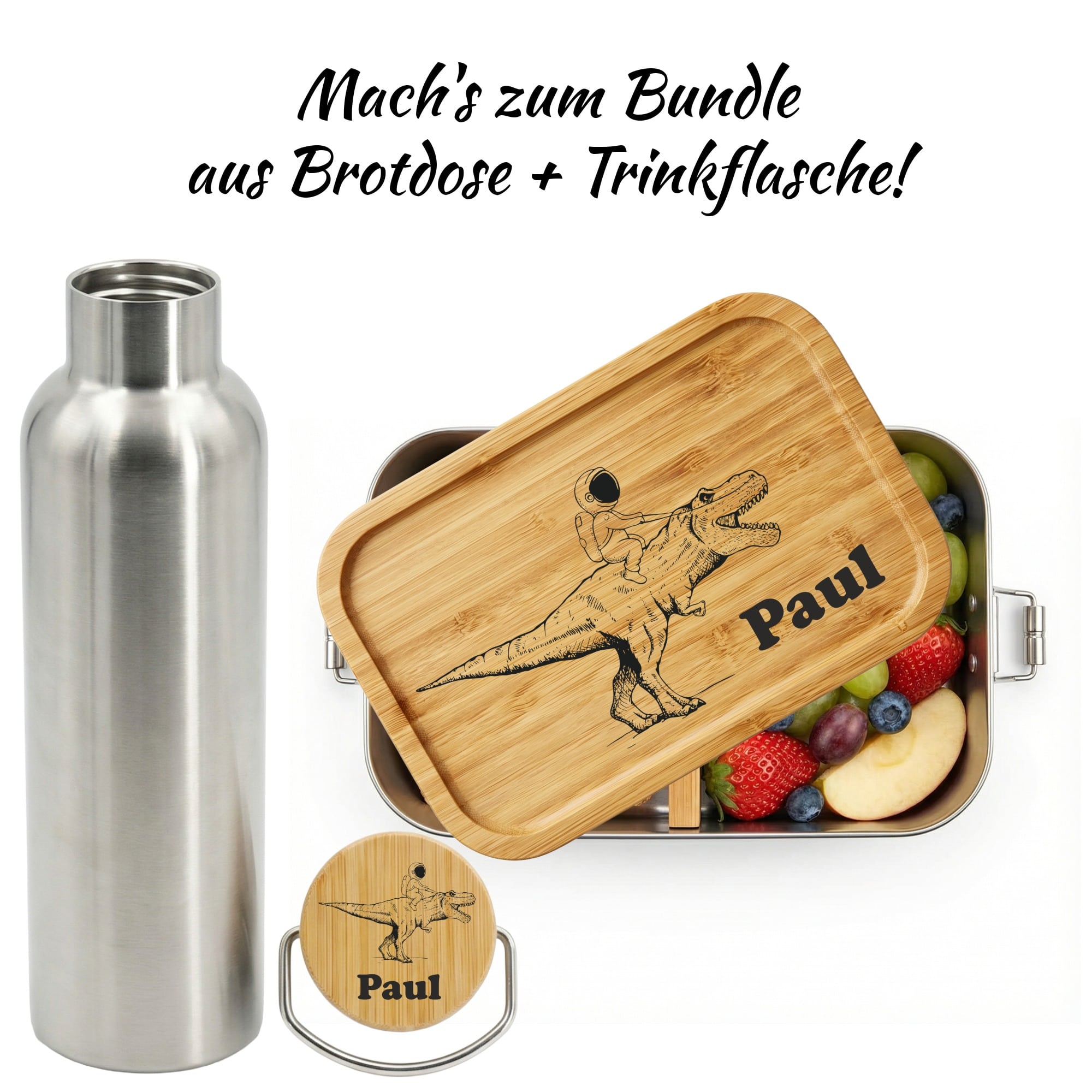Lunchbox und Trinkflasche als Bundle mit Dino-Astronaut Gravur