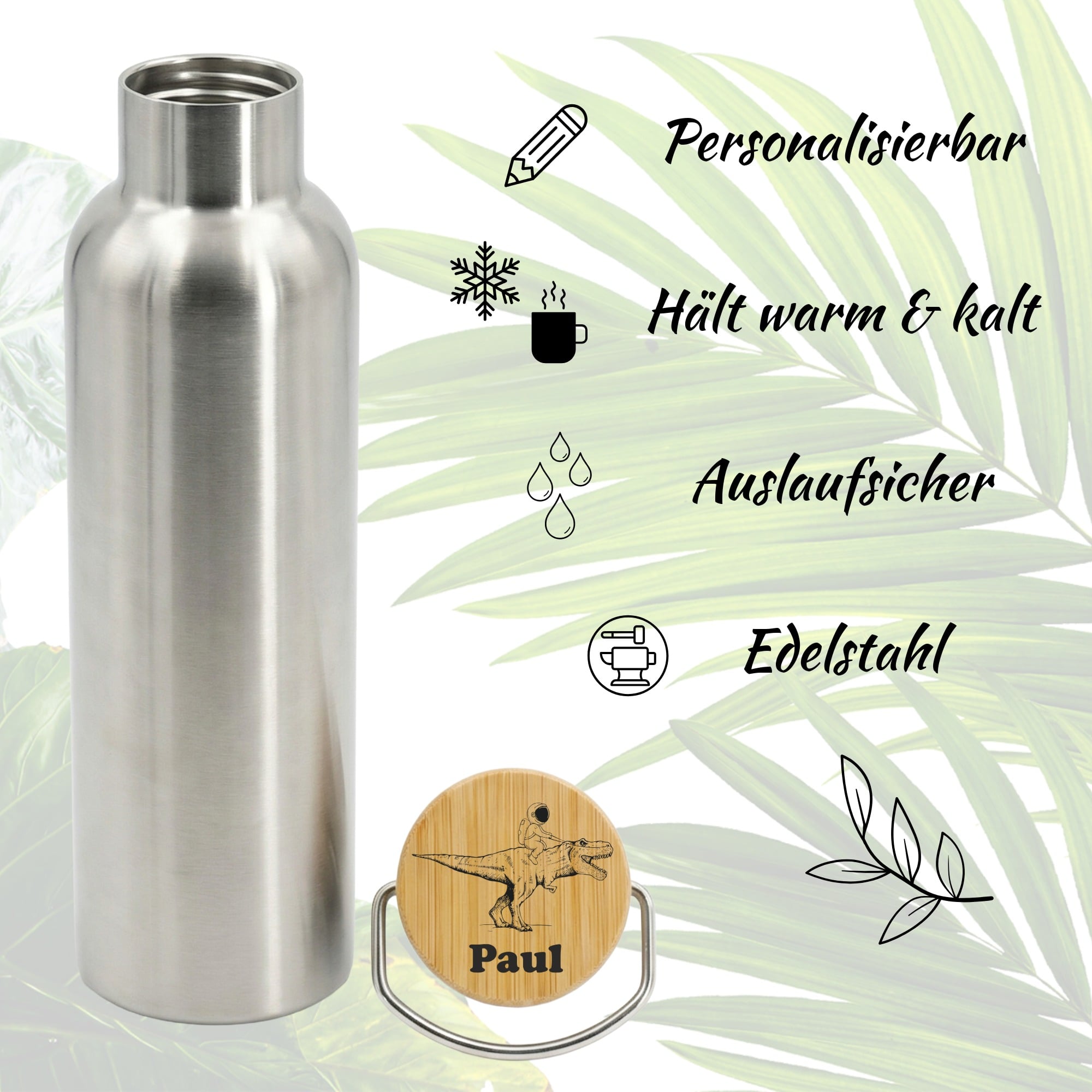 Edelstahl Trinkflasche mit Bambusdeckel und Dino-Astronaut Gravur