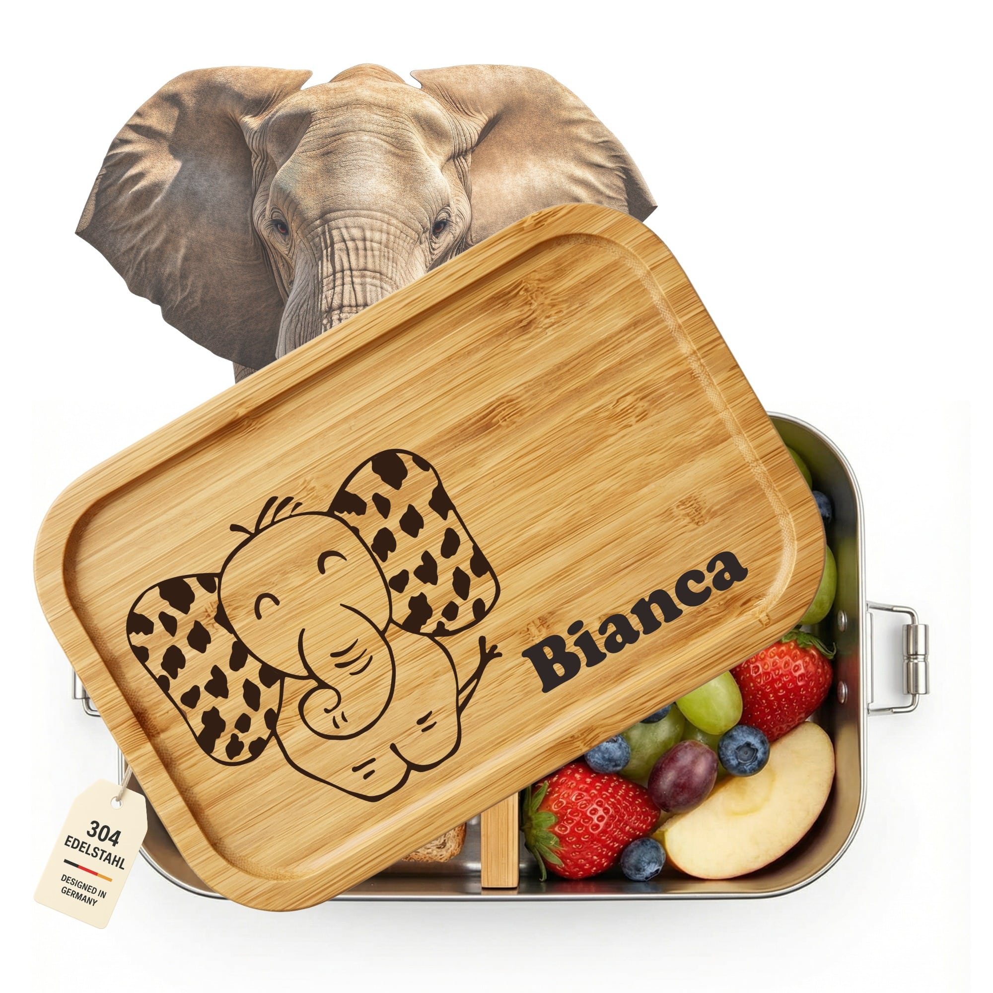 Personalisierte Edelstahl Brotdose mit Bambusdeckel, Elefant Motiv und Namensgravur für Kinder