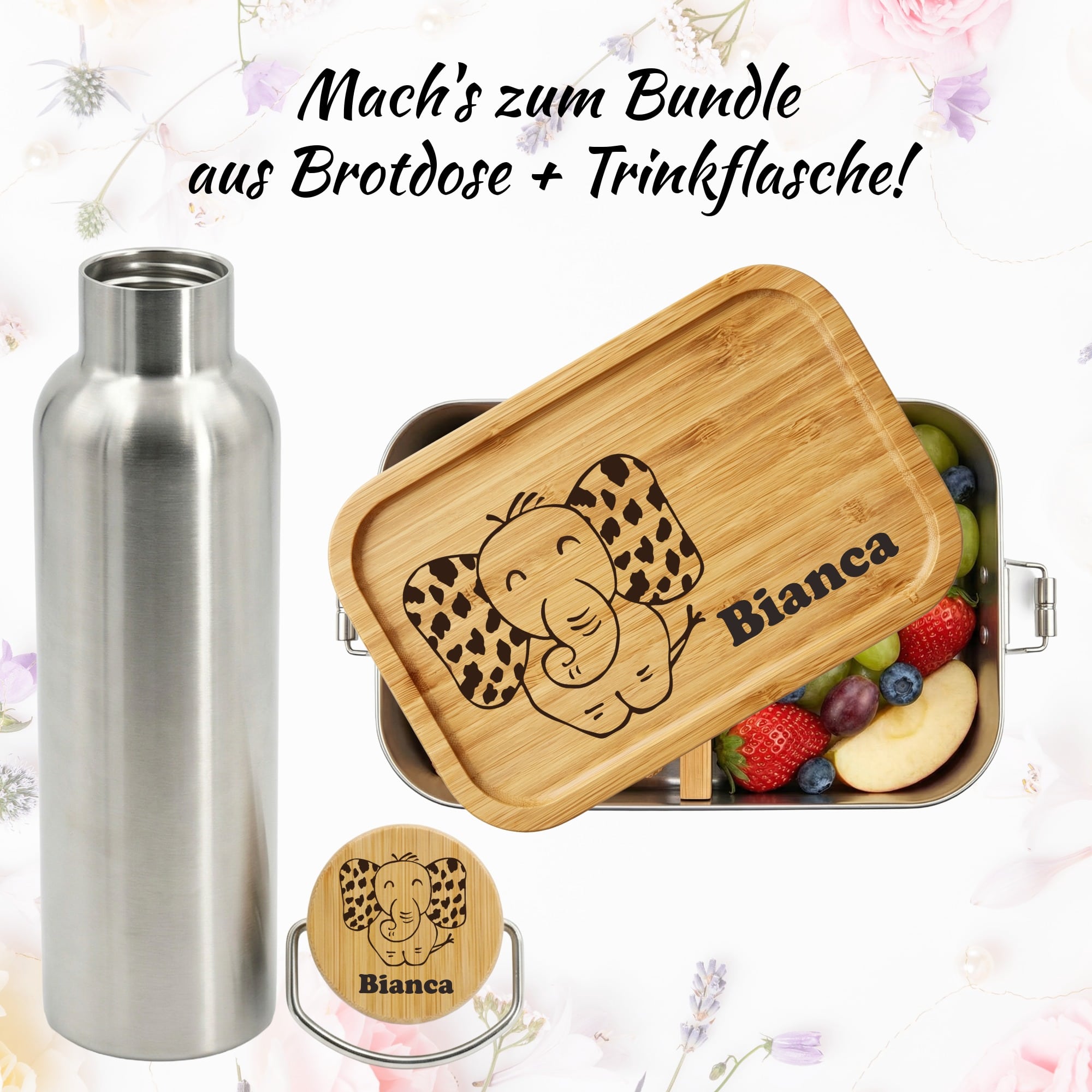 Personalisierte Lunchbox aus Edelstahl mit Elefant Gravur und Bambusdeckel, geöffnet mit Snacks