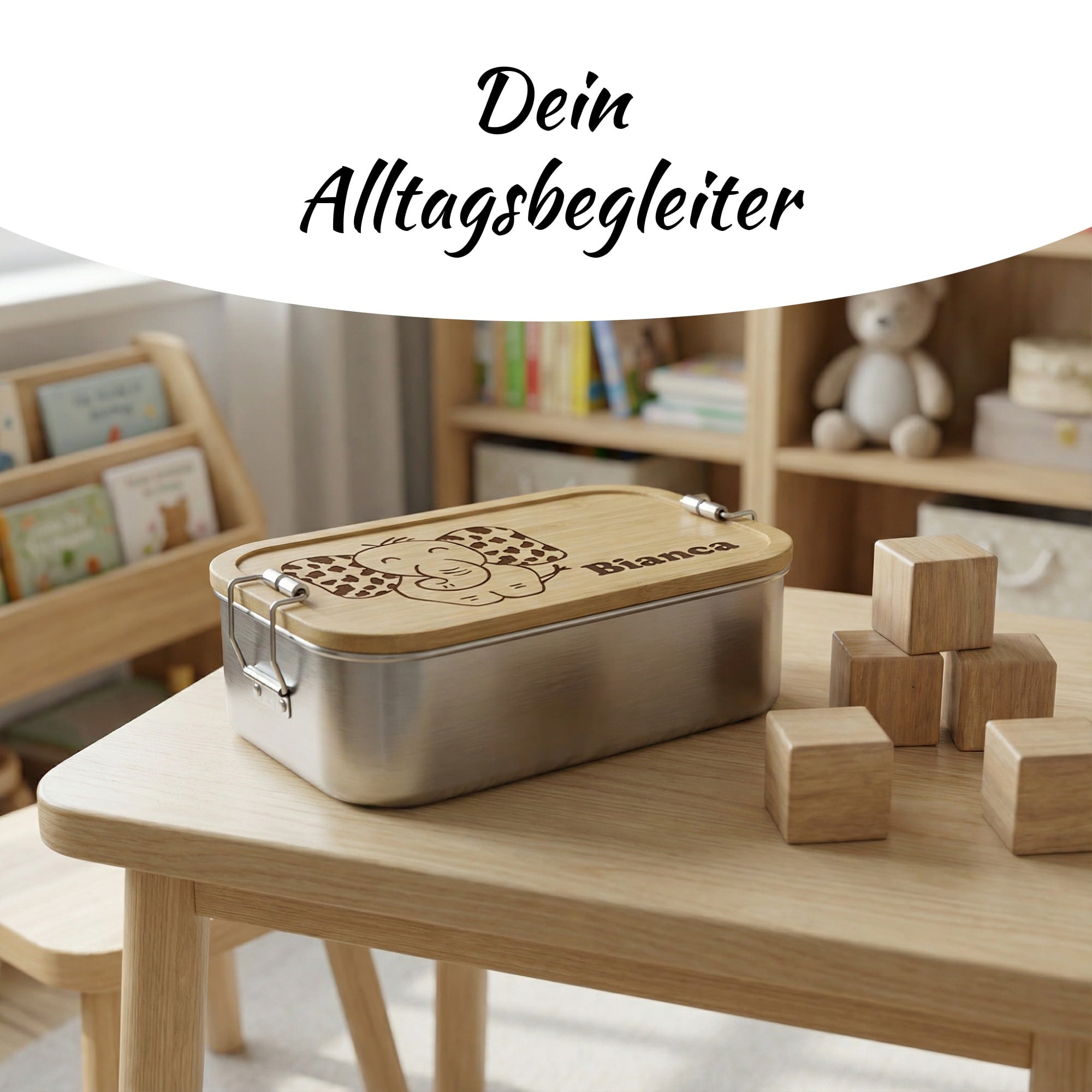 Kinder Lunchbox mit Elefant Motiv und Name, personalisierte Brotdose im Kinderzimmer