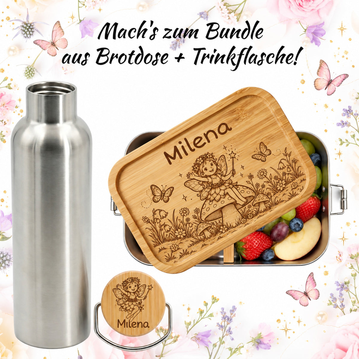 Personalisierte Brotdose mit Elfen Gravur und passender Edelstahl Trinkflasche mit Bambusdeckel im Bundle