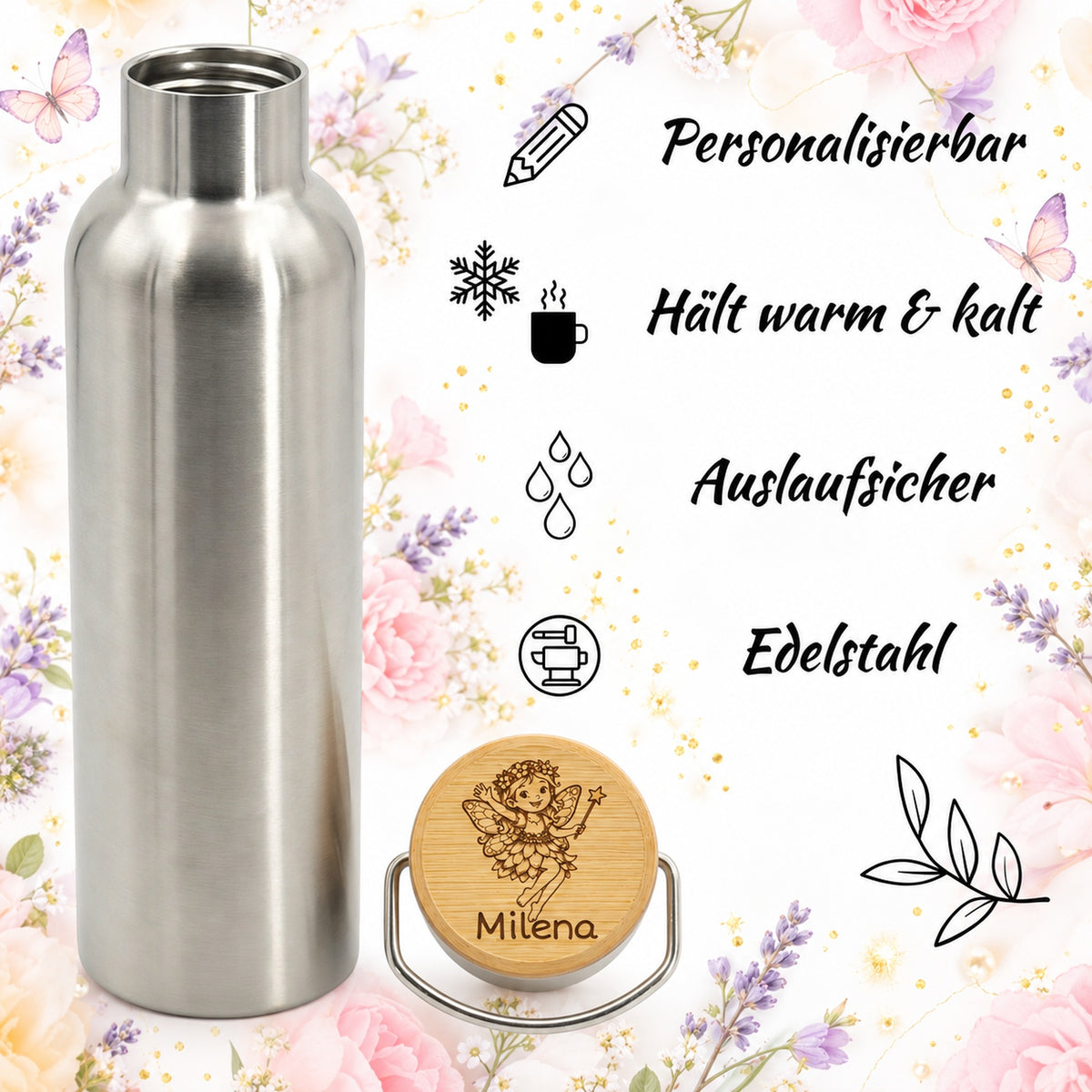 Edelstahl Trinkflasche mit Bambusdeckel und Elfen Gravur, auslaufsicher und personalisierbar