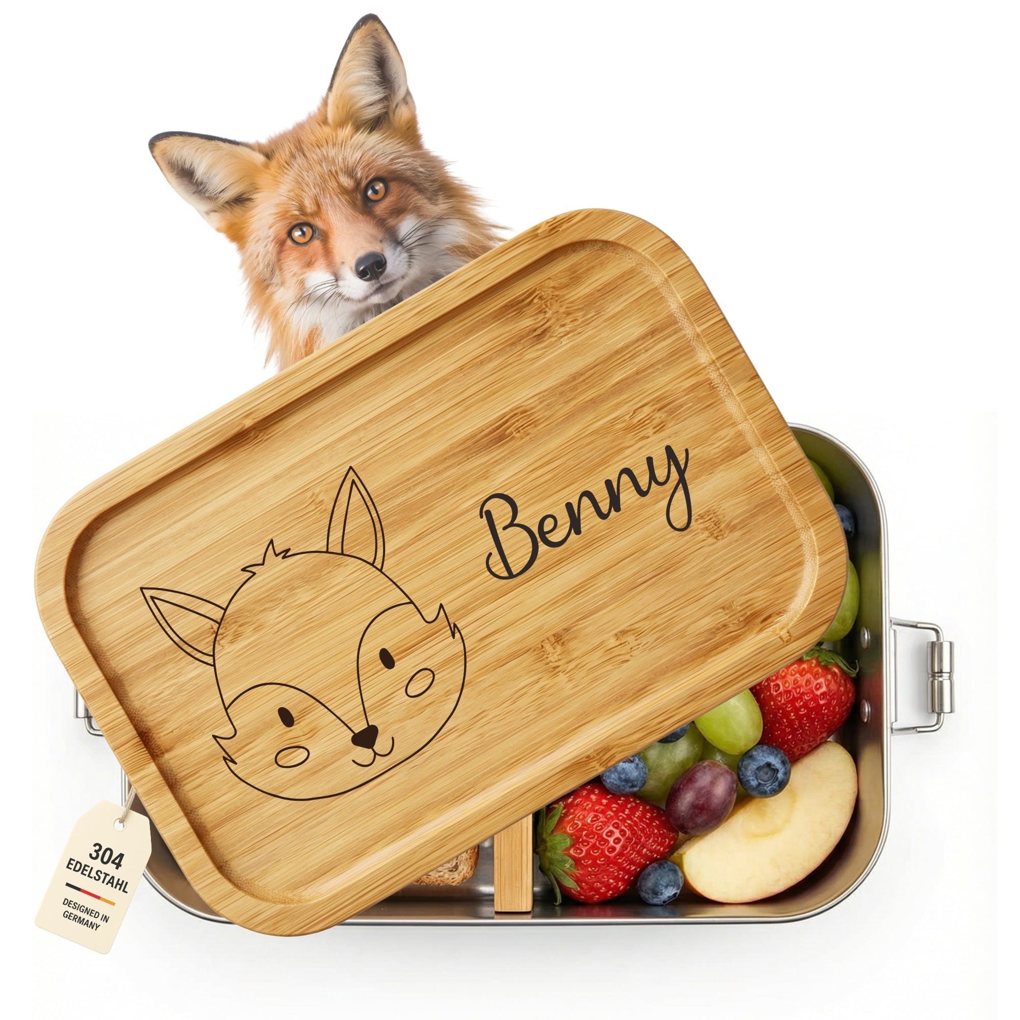 Personalisierte Edelstahl Brotdose mit Bambusdeckel, Fuchs Motiv und Namensgravur, gefüllt mit Obst und Snacks