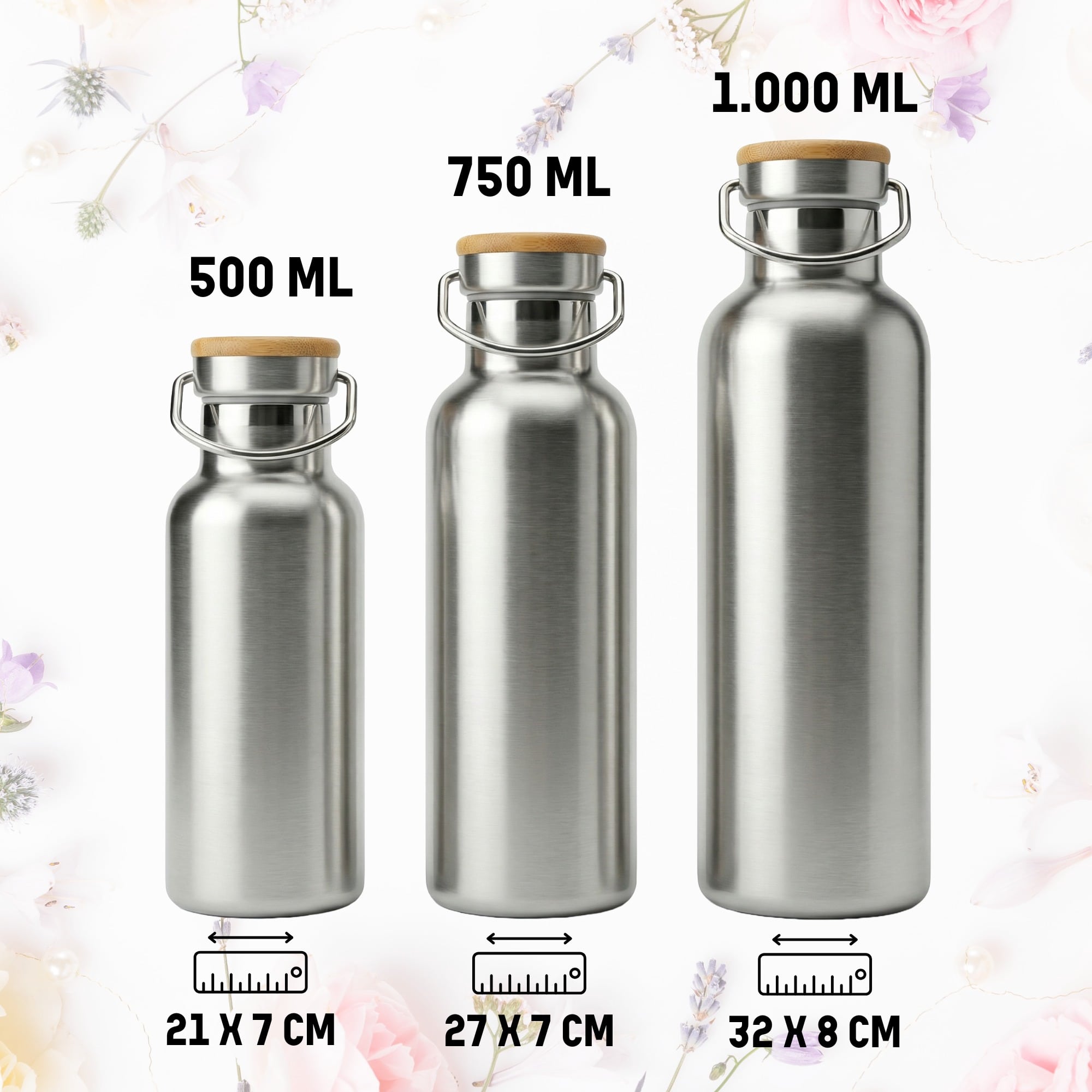 Edelstahl Trinkflaschen in 500 ml, 750 ml und 1000 ml Größen mit Bambusdeckel im Größenvergleich