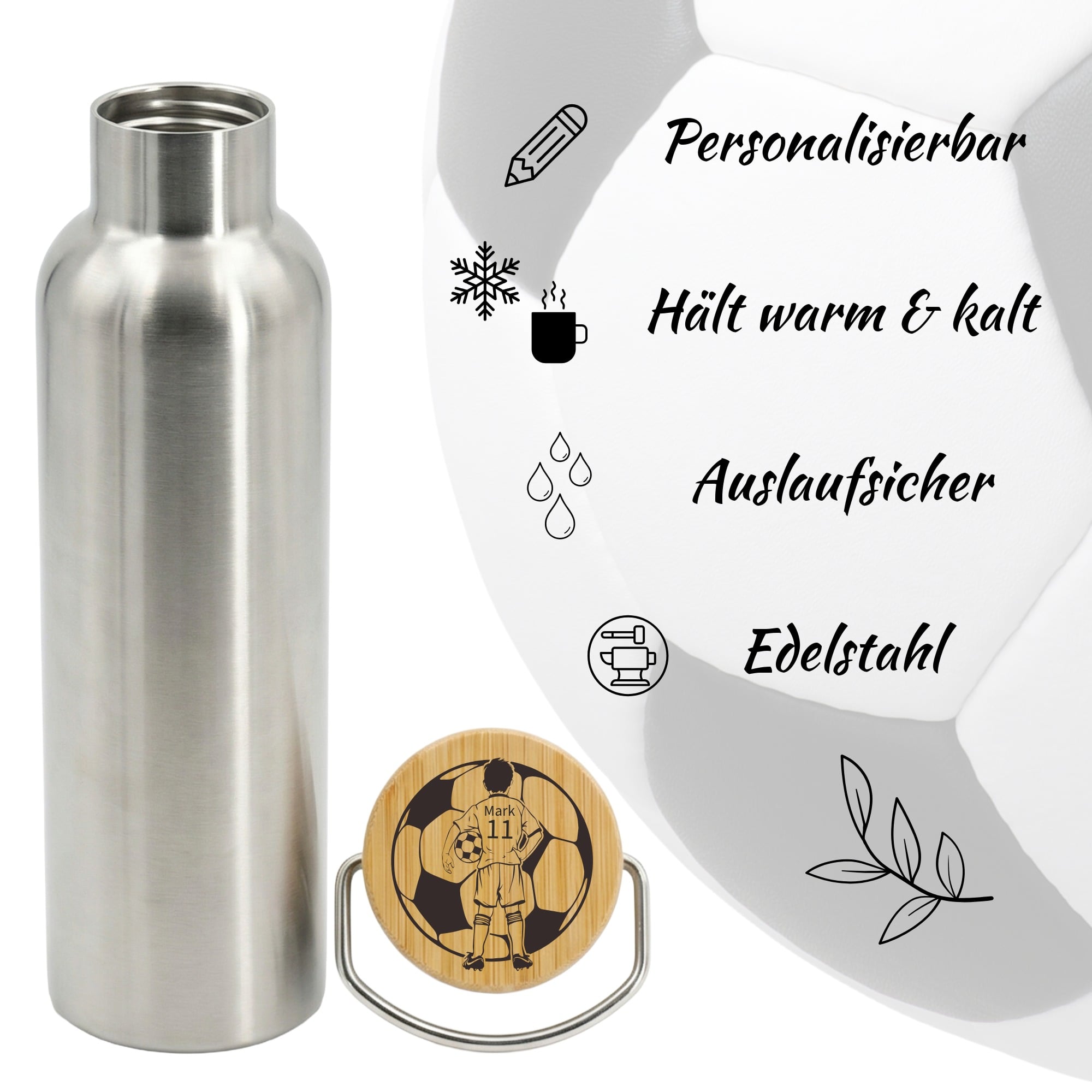 Edelstahl Trinkflasche mit Bambusdeckel, auslaufsicher, hält Getränke warm und kalt, personalisierbar