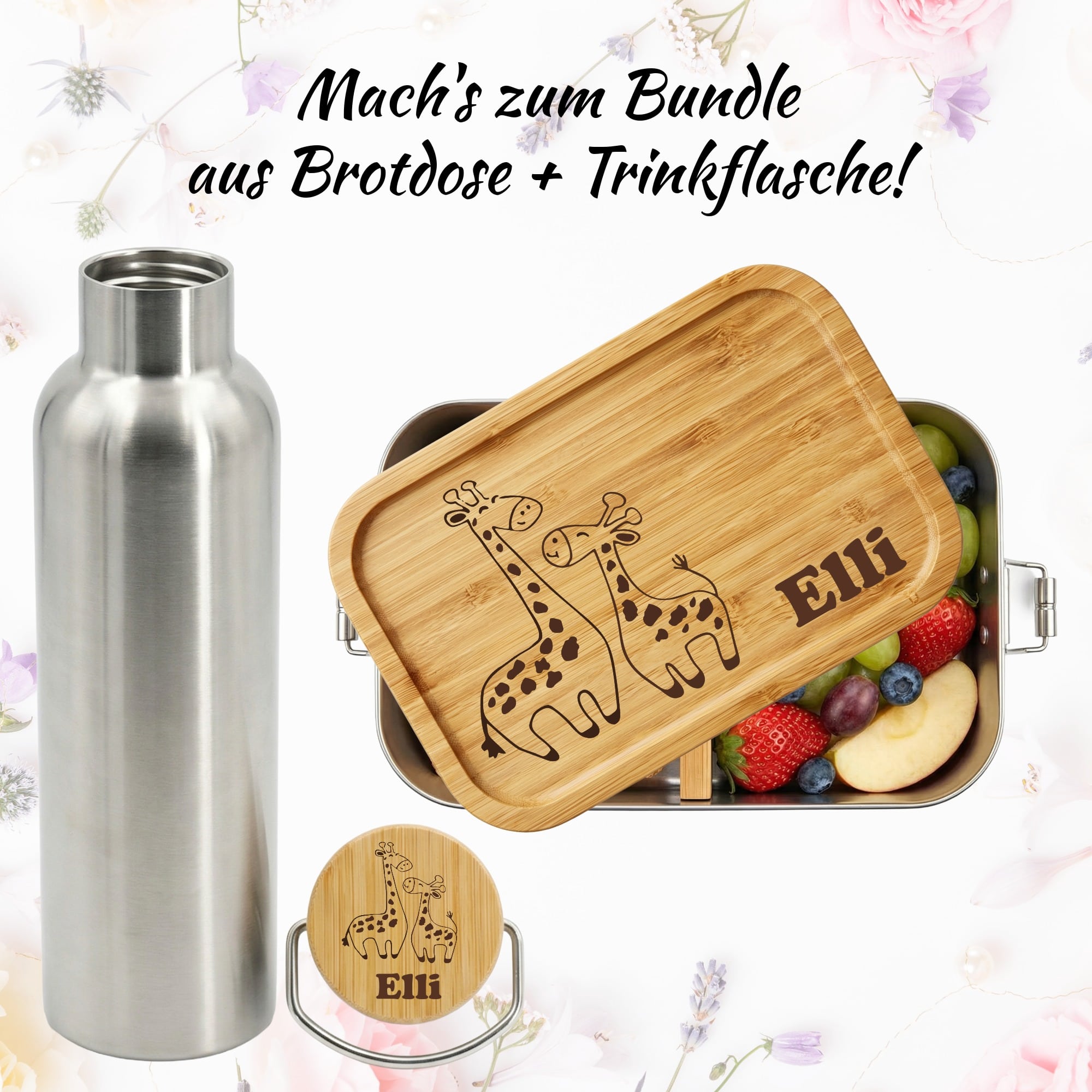 Brotdose mit Giraffenmotiv und Namensgravur im Bundle mit Trinkflasche