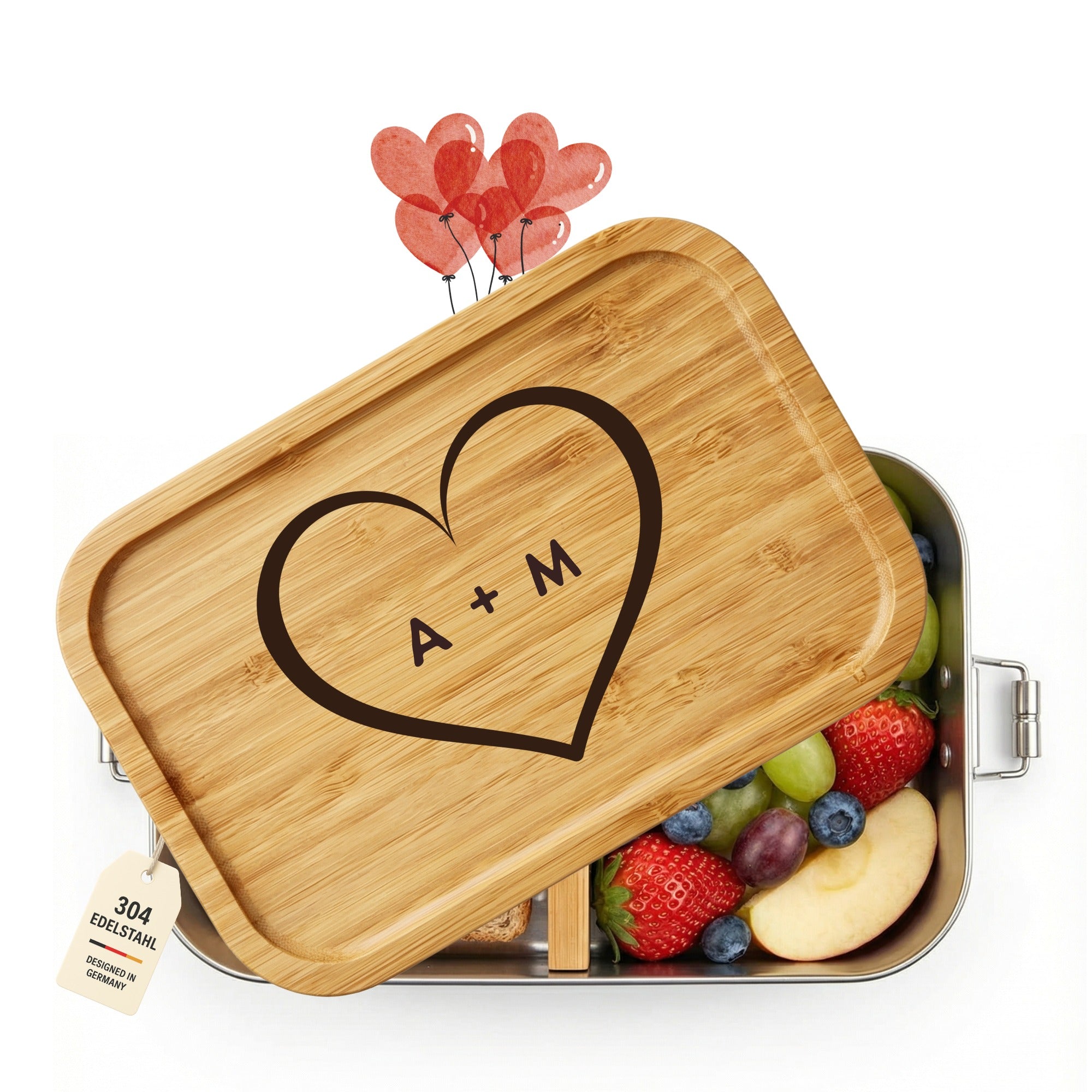 Personalisierte Edelstahl-Brotdose mit graviertem Herz und Initialen auf Bambusdeckel