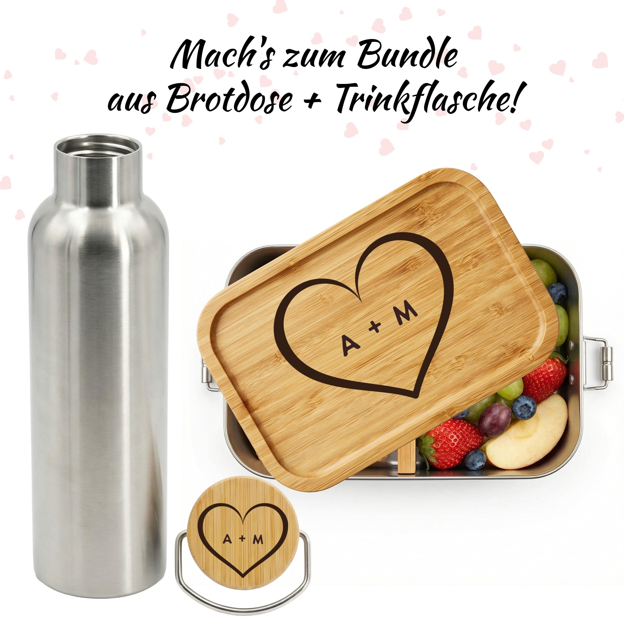 Brotdose und Trinkflasche als Geschenk-Bundle mit Herz-Gravur und Initialen