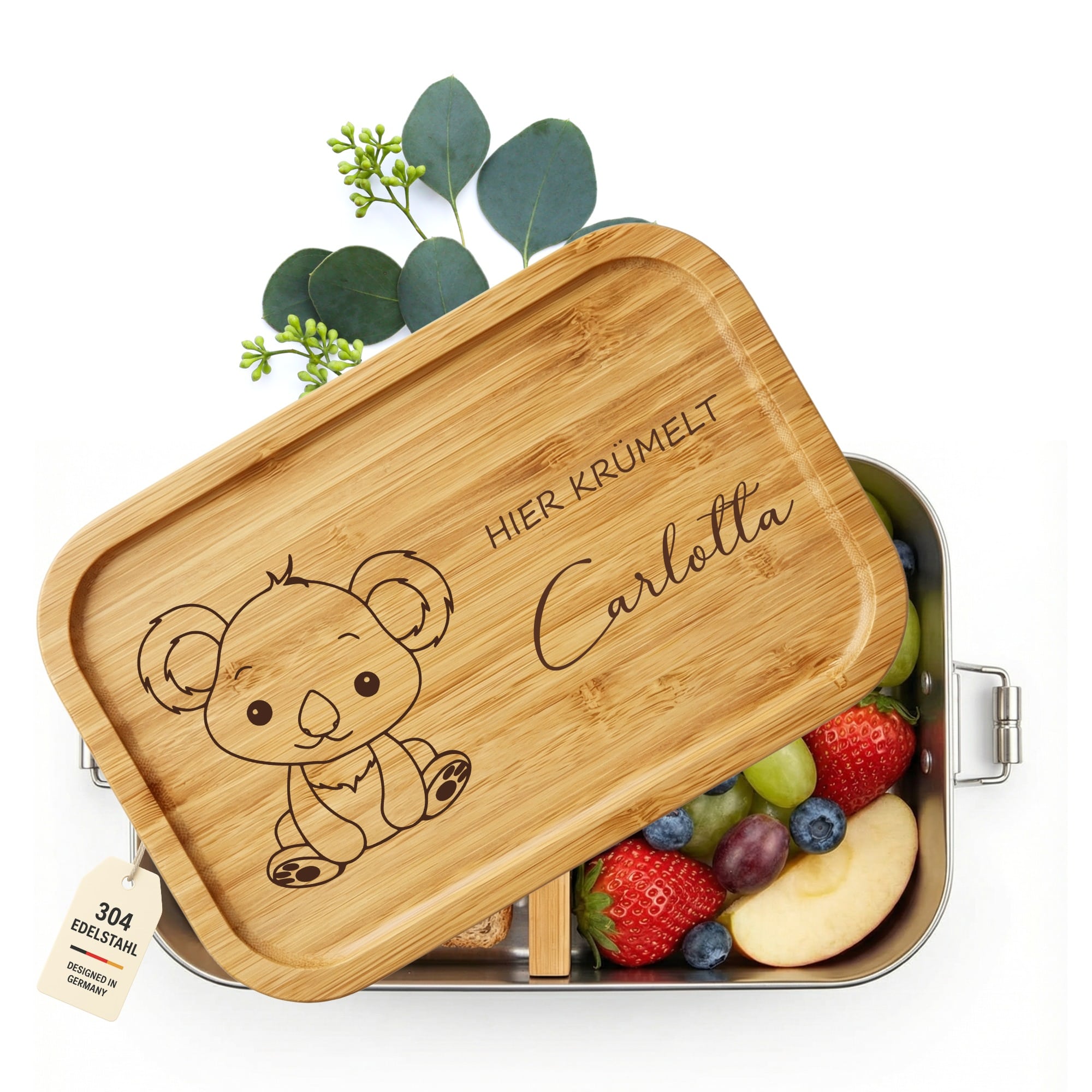 Personalisierte Koala Lunchbox aus Edelstahl mit Namensgravur auf Bambusdeckel