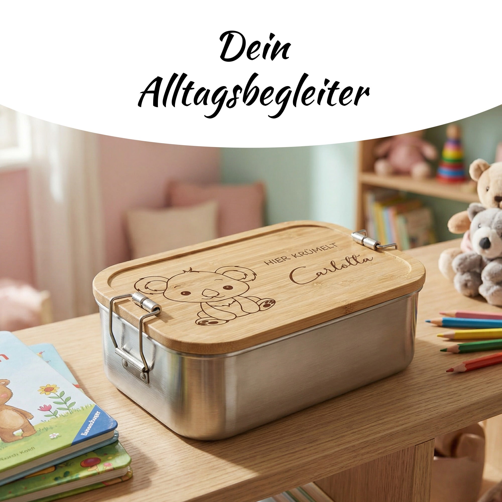 Kinder Brotdose mit Koala Motiv in Kinderzimmer Umgebung