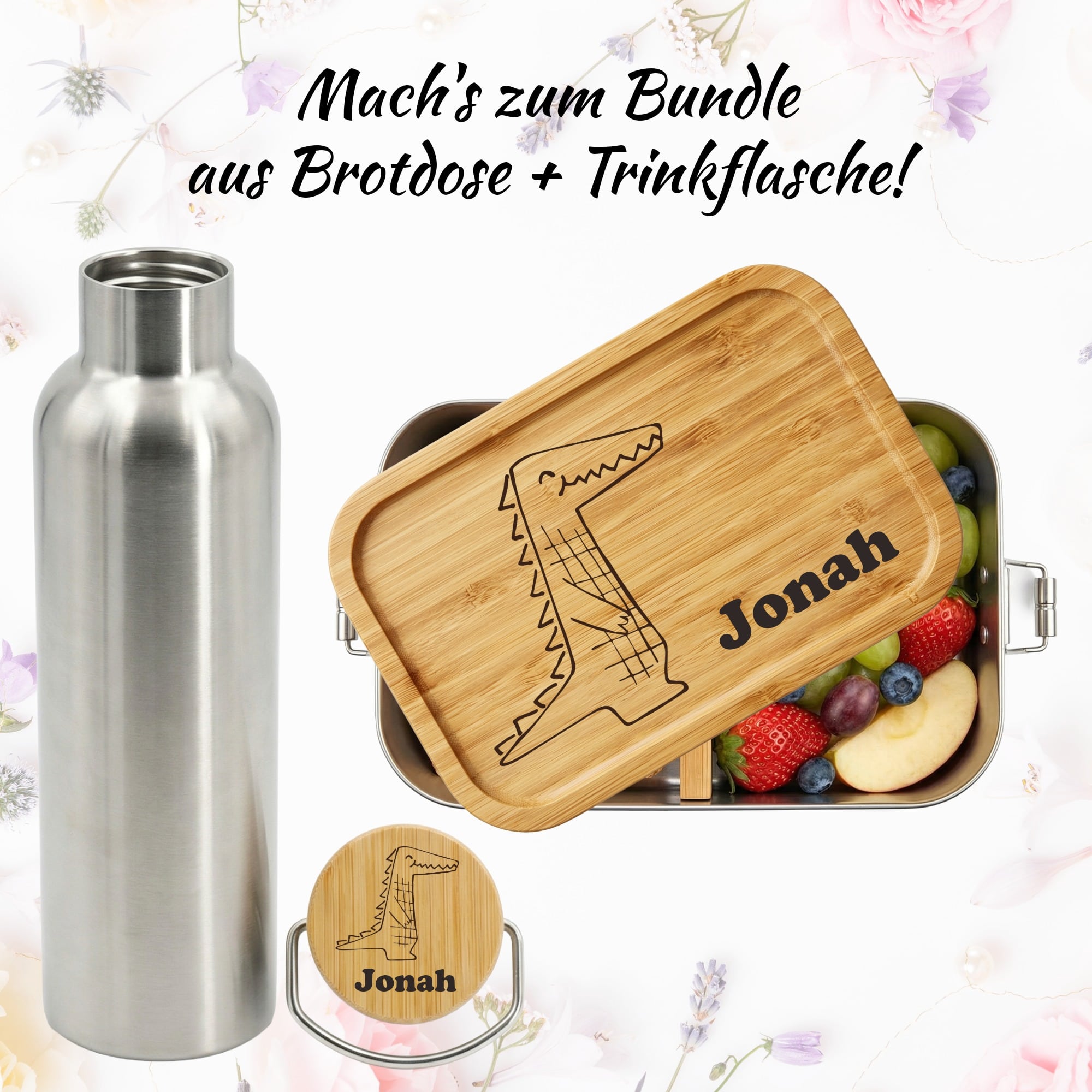 Kinder Lunchbox mit Bambusdeckel und optionaler Edelstahl Trinkflasche