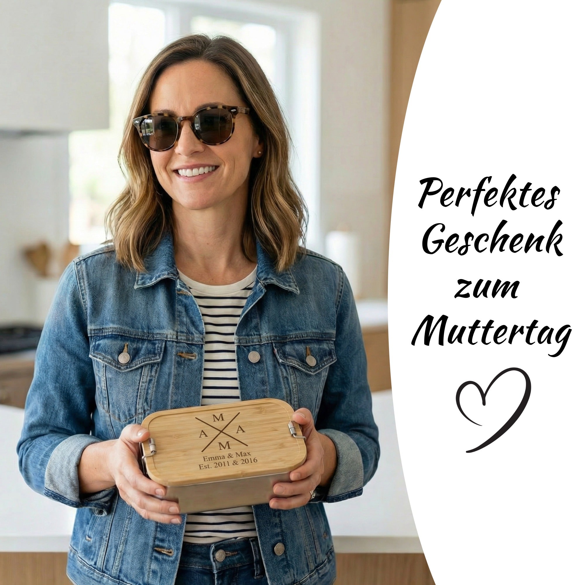 Geschenkidee zum Muttertag – Mama hält personalisierte Lunchbox in den Händen