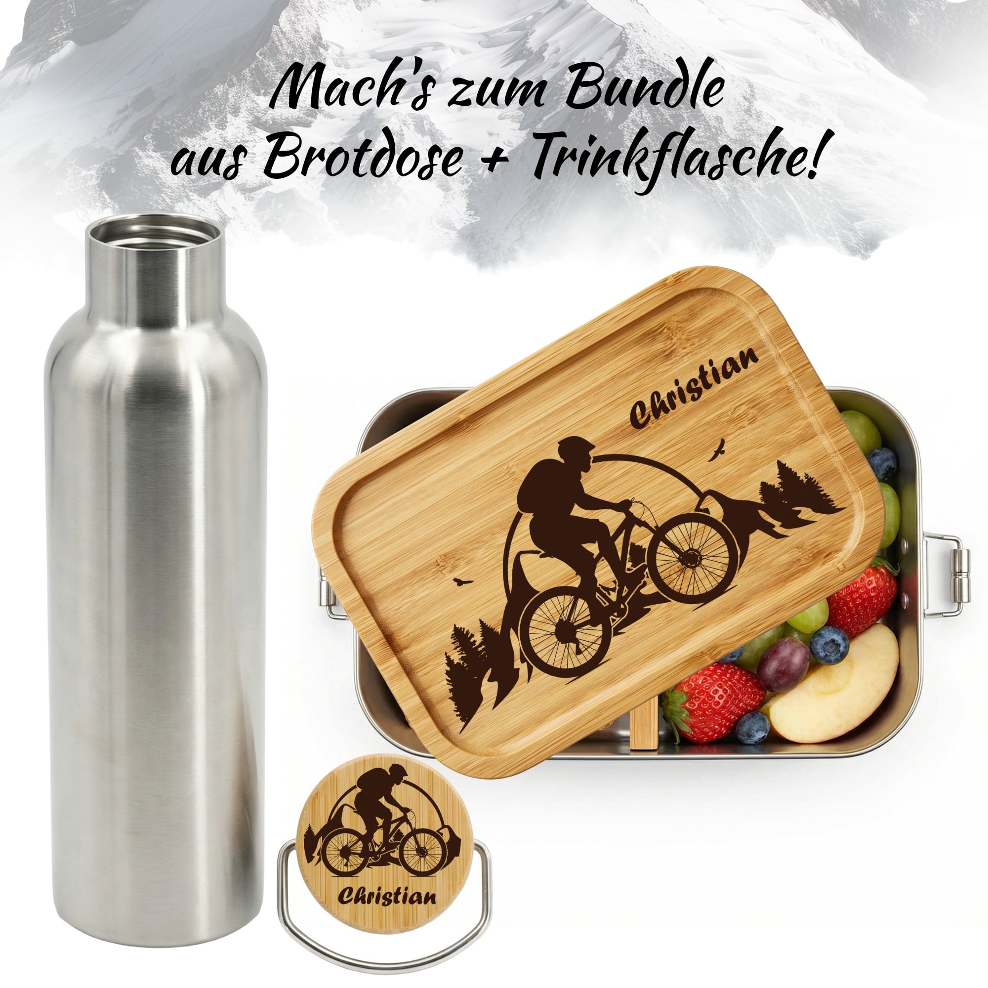 Edelstahl Brotdose mit Mountainbike Gravur und optionaler Trinkflasche aus Edelstahl mit Bambusdeckel
