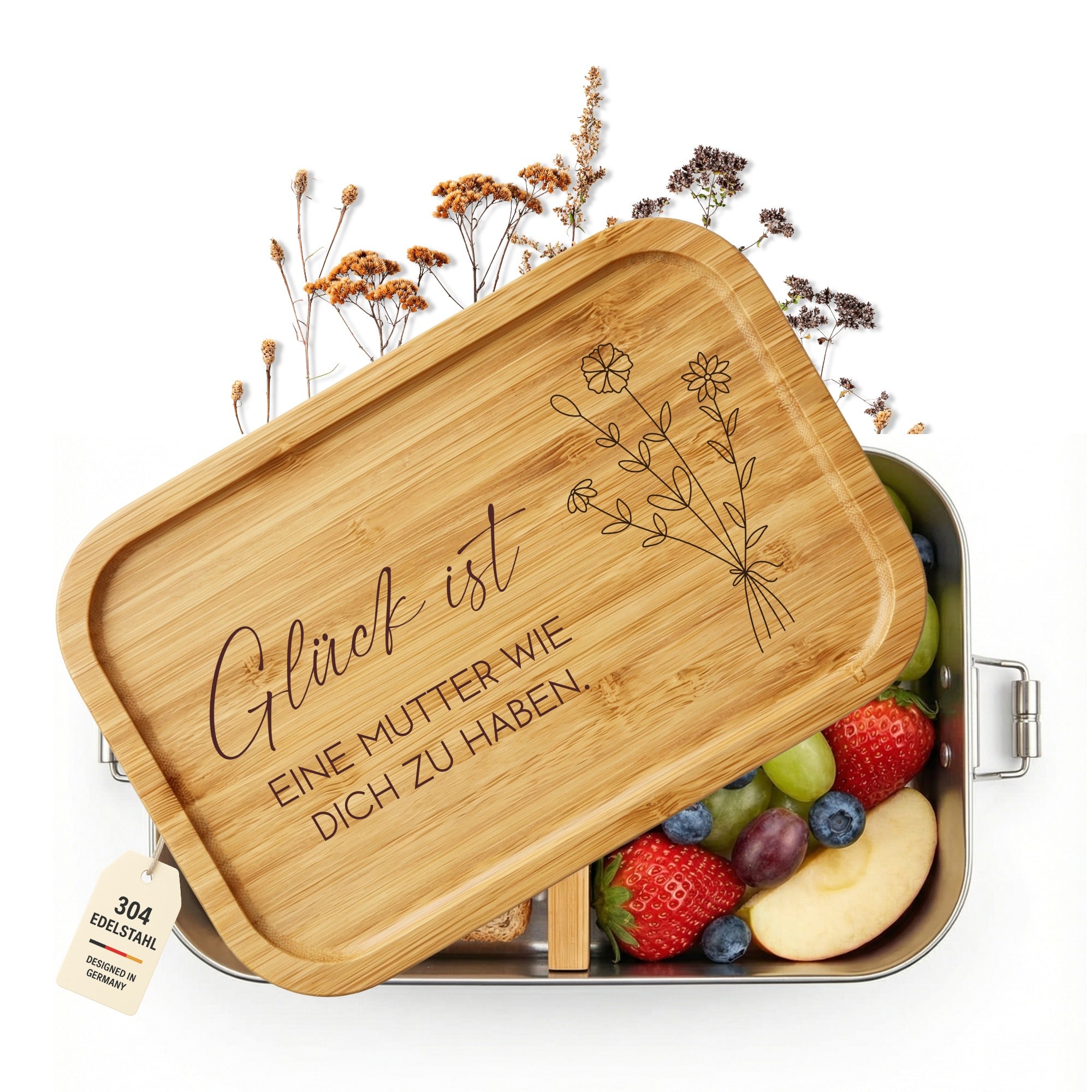 Personalisierte Edelstahl Brotdose für Mama mit Bambusdeckel und Gravur „Glück ist, eine Mutter wie dich zu haben“