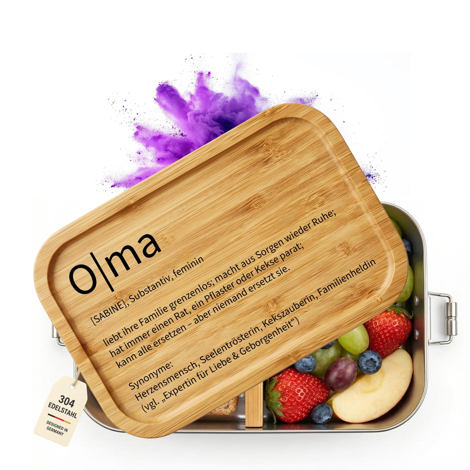 Personalisierte Edelstahl-Brotdose für Oma mit Bambusdeckel und Gravur