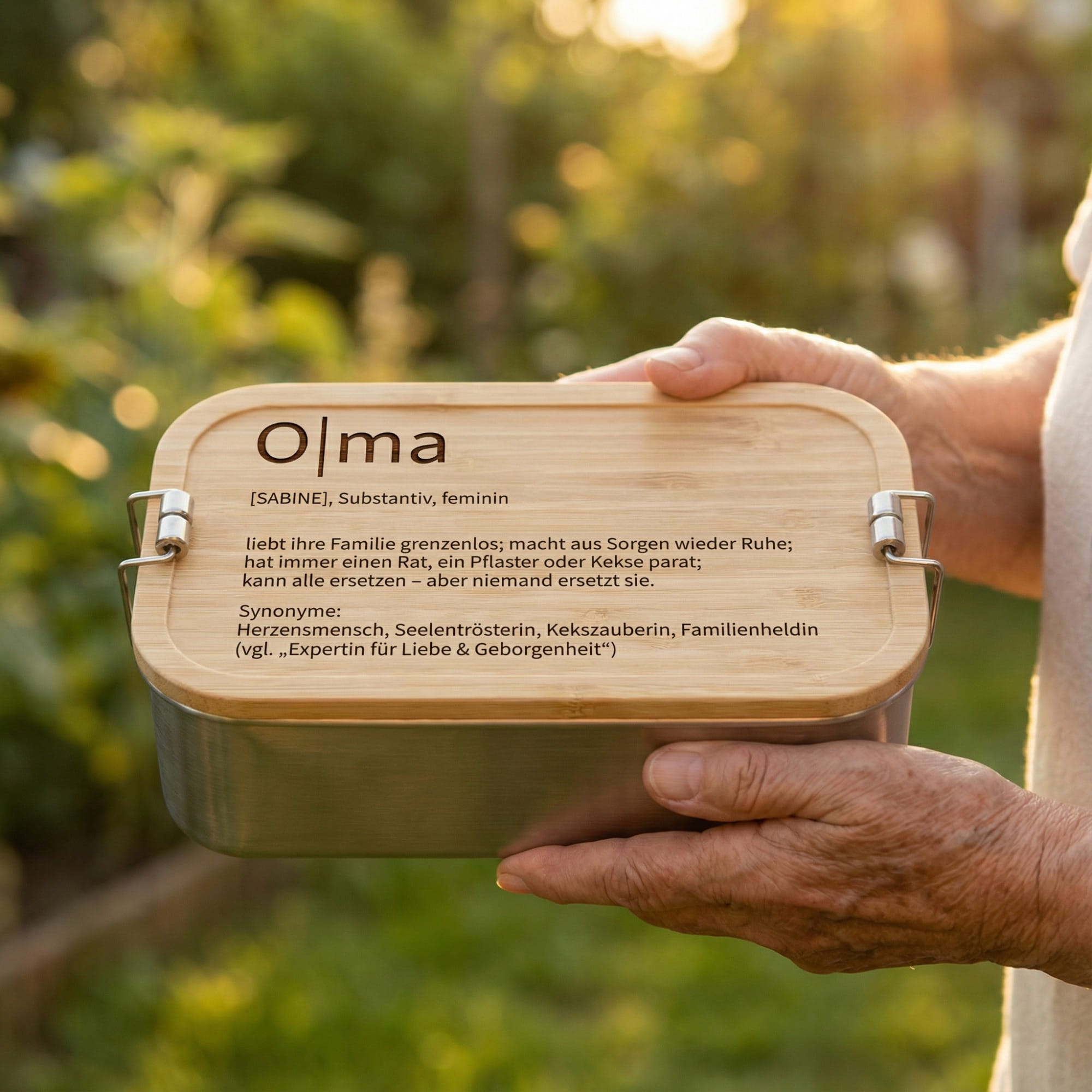 Personalisierte Brotdose für Oma in den Händen gehalten – Bambusdeckel mit Gravur