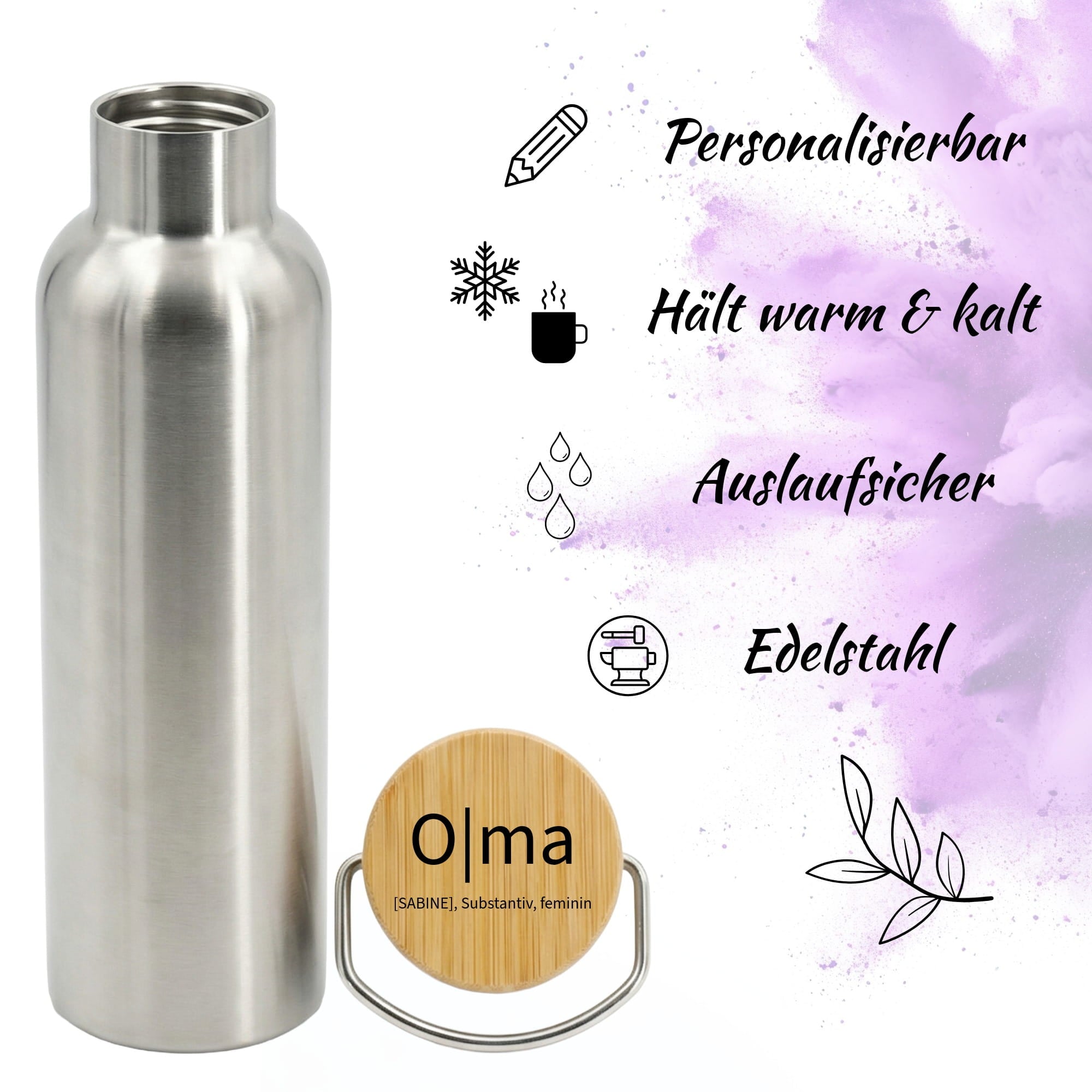 Edelstahl-Trinkflasche mit Bambusdeckel passend zur Brotdose für Oma