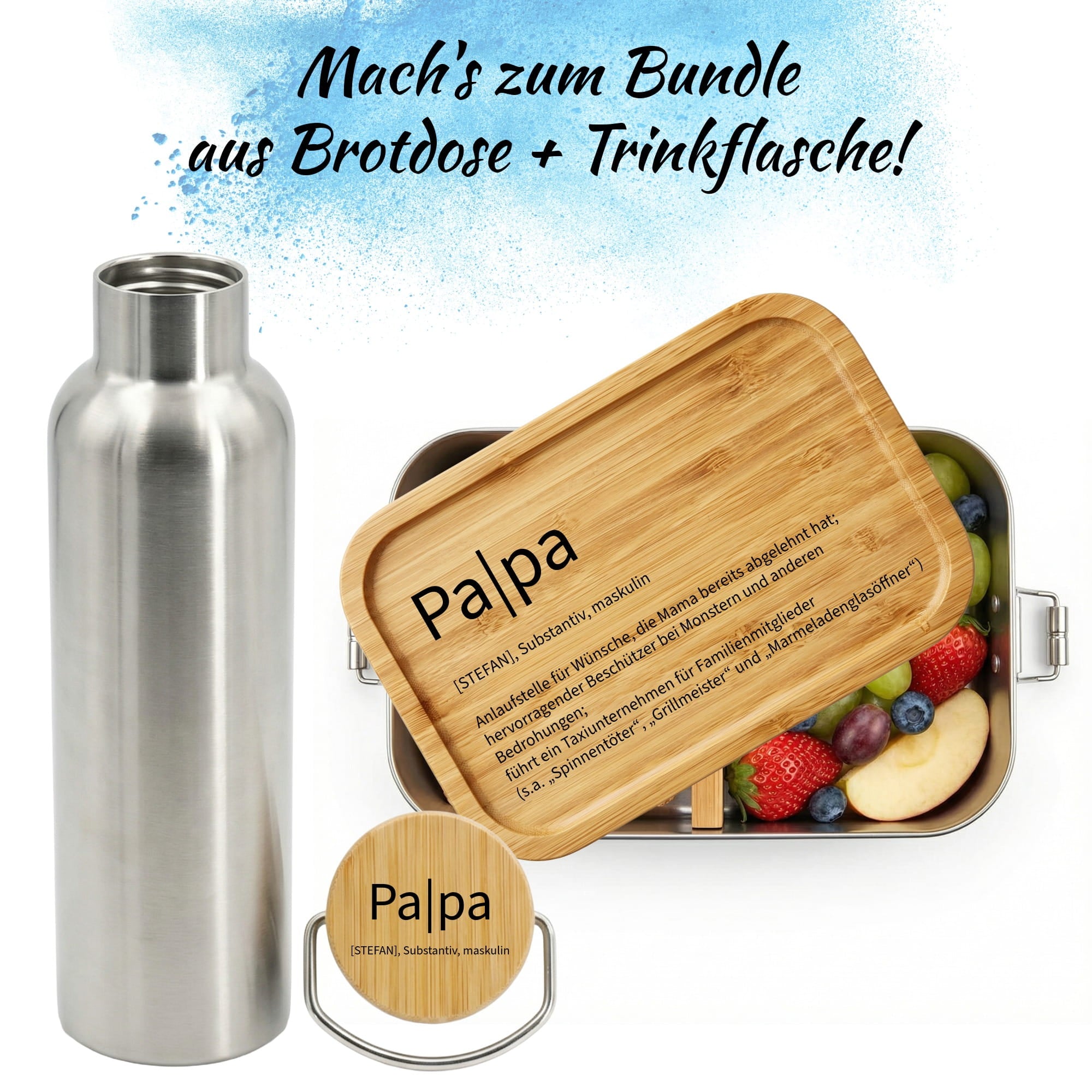 Brotdose für Papa als Geschenk mit optionaler Edelstahl-Trinkflasche