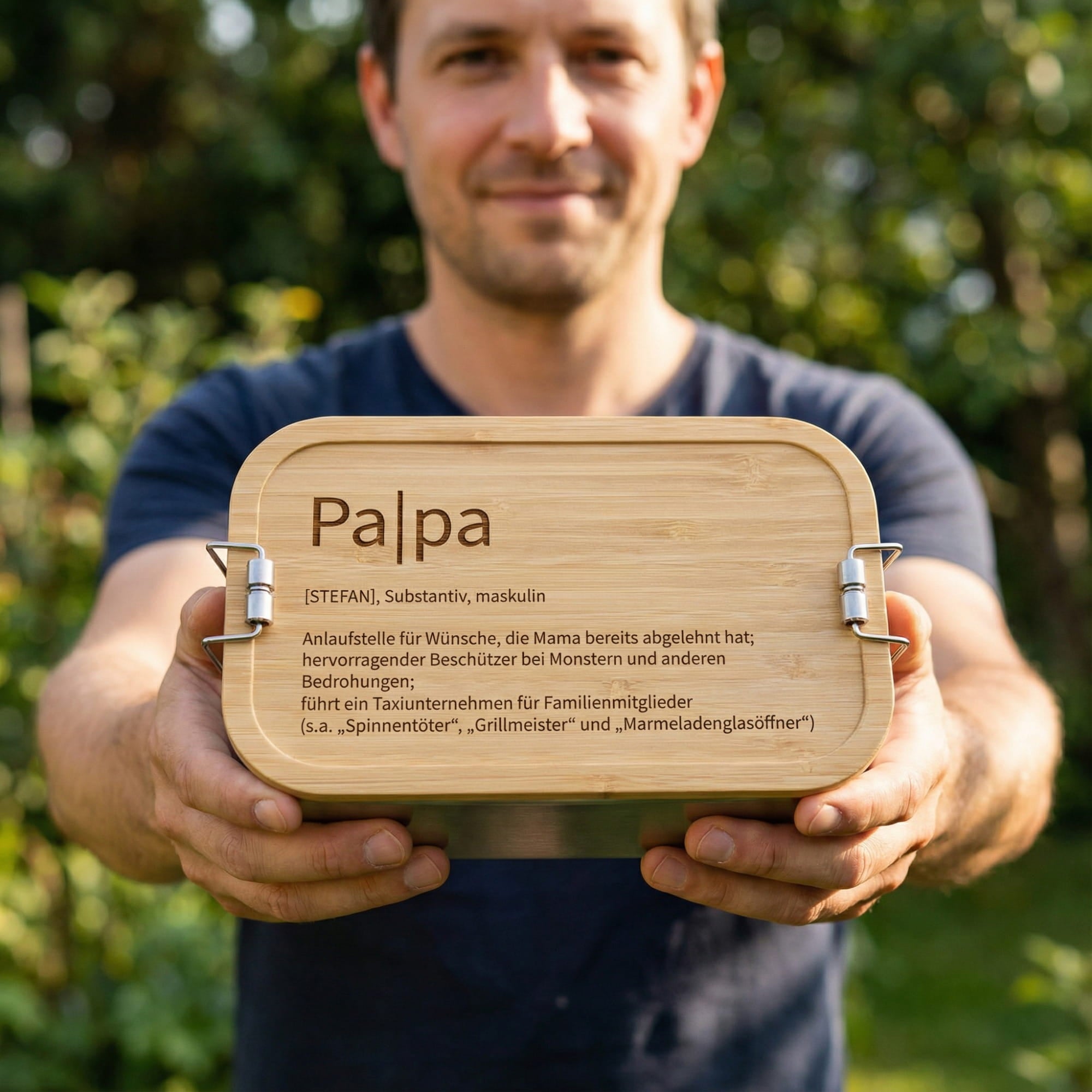 Papa hält personalisierte Brotdose mit graviertem Bambusdeckel in den Händen