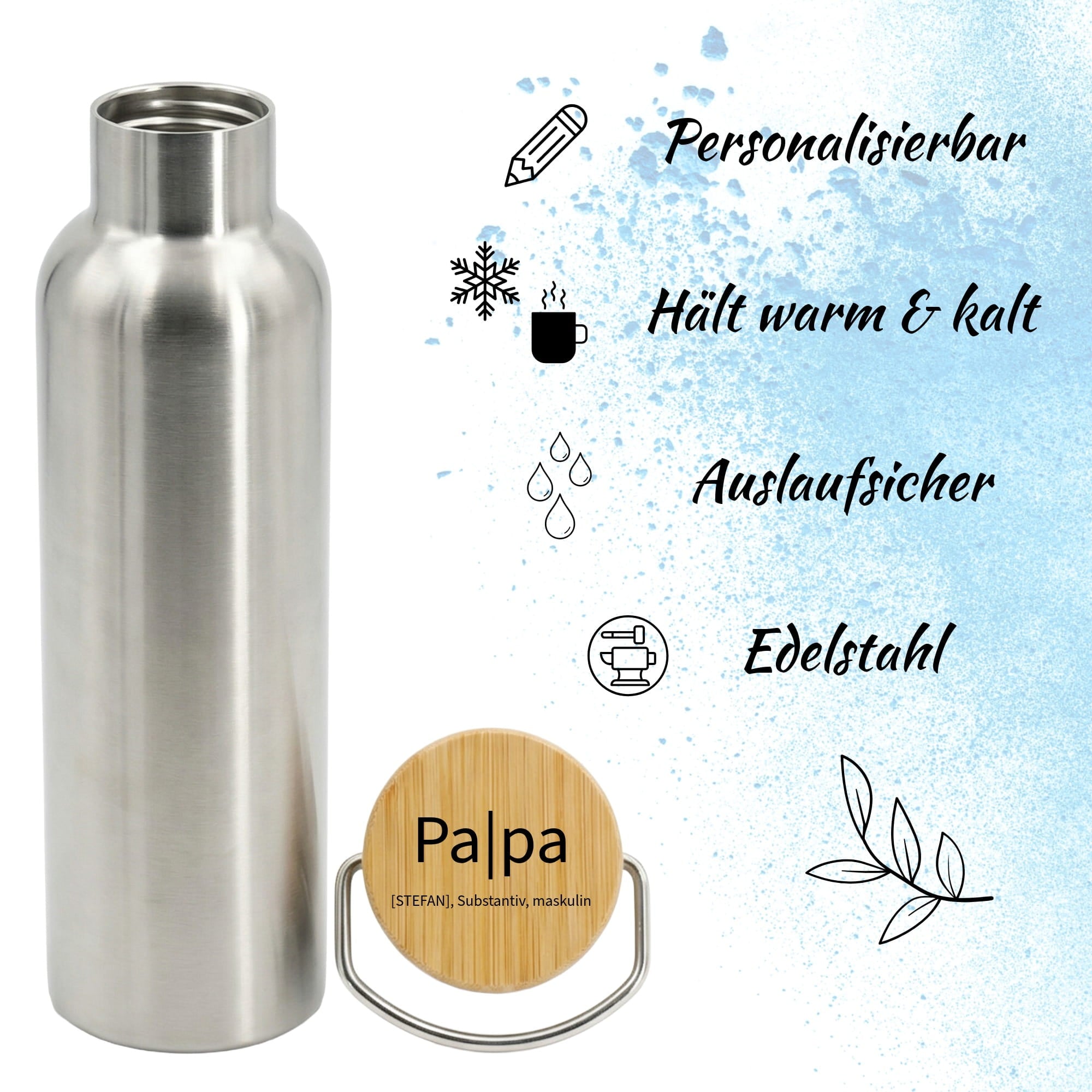 Personalisierbare Edelstahl-Trinkflasche mit Bambusdeckel für Papa