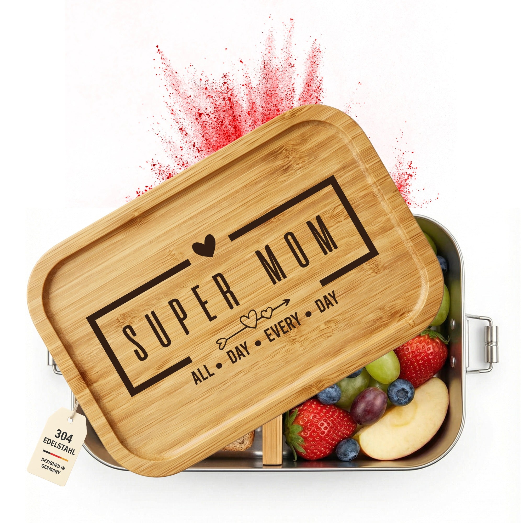 Personalisierte Edelstahl-Brotdose mit Bambusdeckel und Gravur „Super Mom“, gefüllt mit Obst, geöffnet dargestellt