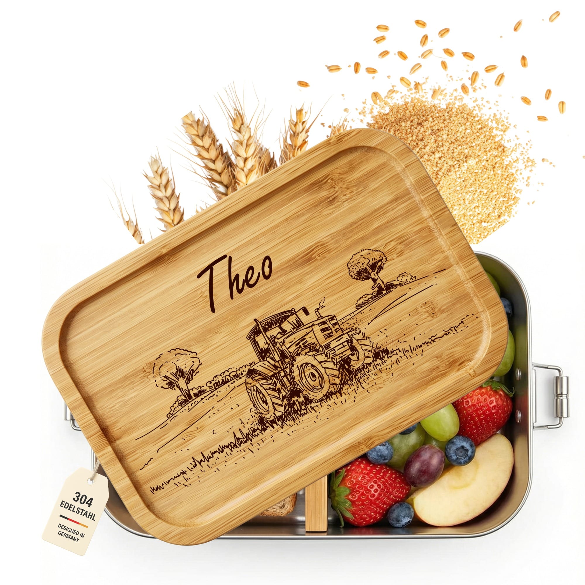 Personalisierte Edelstahl-Lunchbox mit Traktor-Gravur und Name auf Bambusdeckel