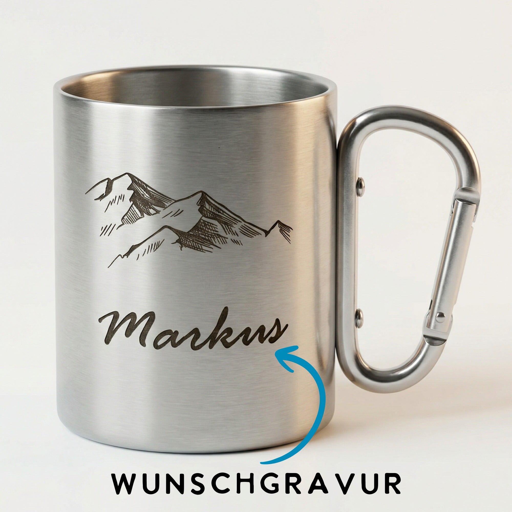 Personalisierte Edelstahl Tasse mit Bergmotiv und Name Markus, Camping Becher mit Gravur und Karabinergriff