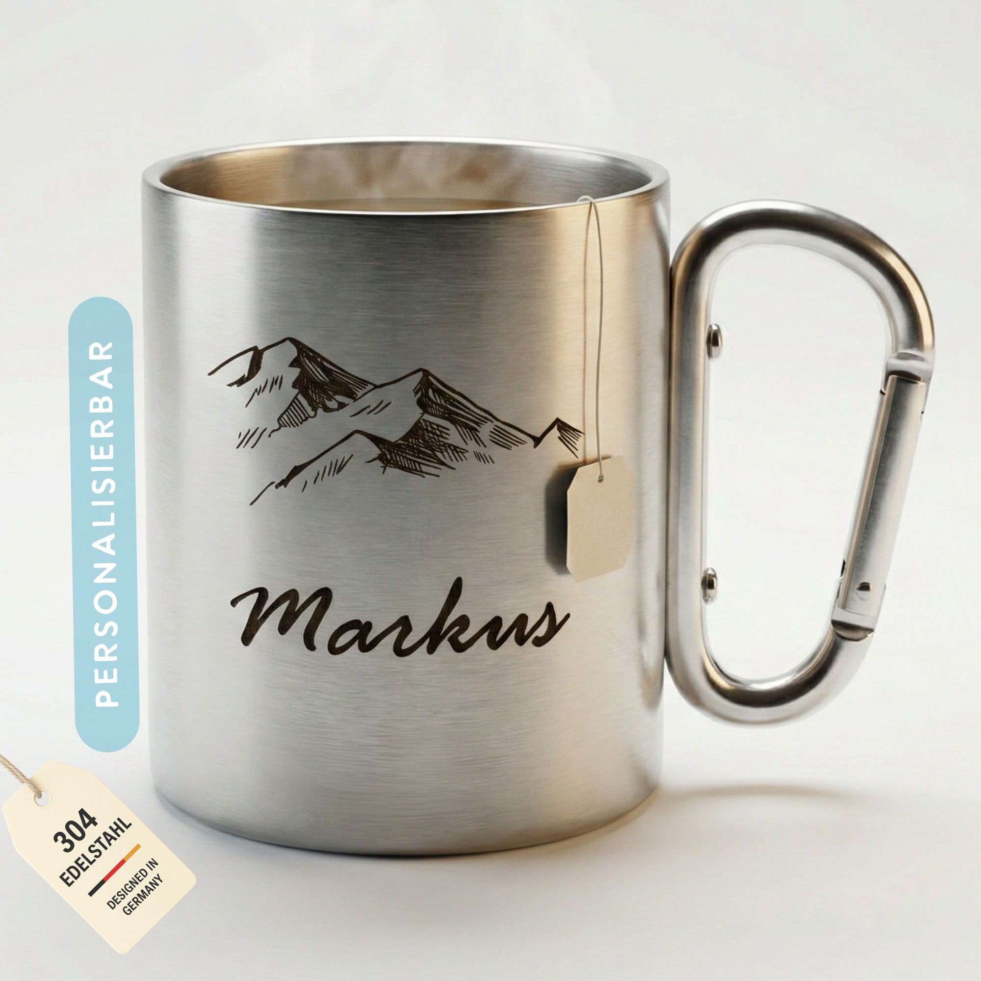 Personalisierte Edelstahl Camping Tasse mit Gravur Markus und Bergdesign, hochwertiger 304 Edelstahl mit Aluminium Karabiner