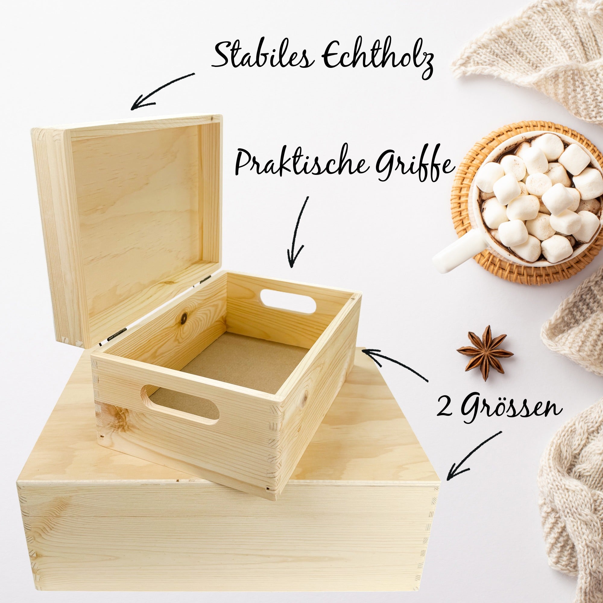 Baby Memory Box aus Holz mit praktischen Griffen und zwei Größen Varianten, Produktdetails