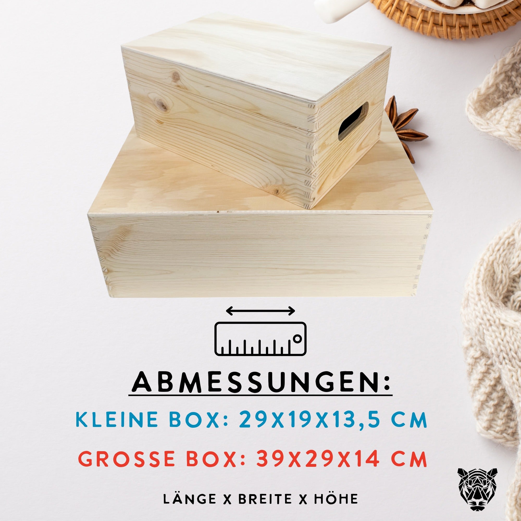 Abmessungen Erinnerungskiste Baby Holz, kleine und große Box Größenvergleich