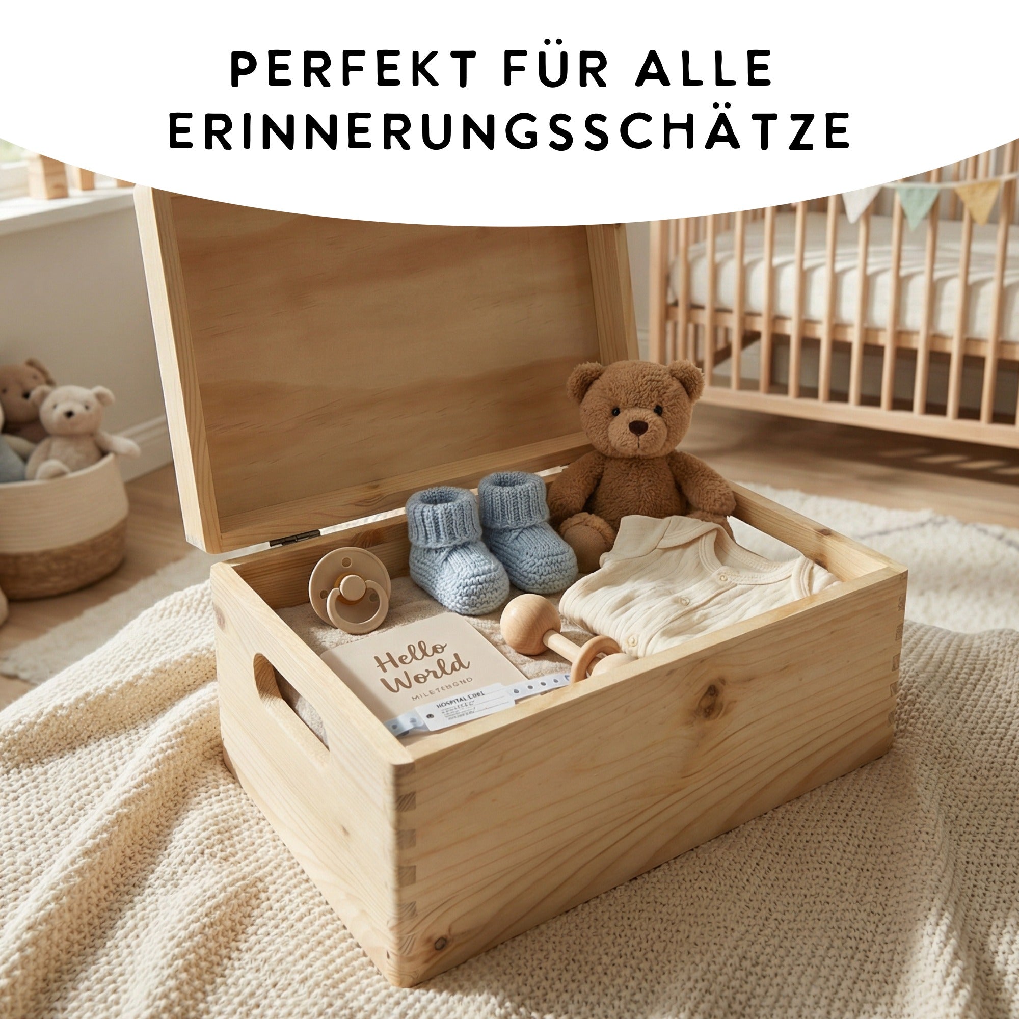 Offene Baby Erinnerungskiste aus Holz zur Geburt, gefüllt mit Schnuller Babyschuhen und Kuscheltier, perfektes Geschenk