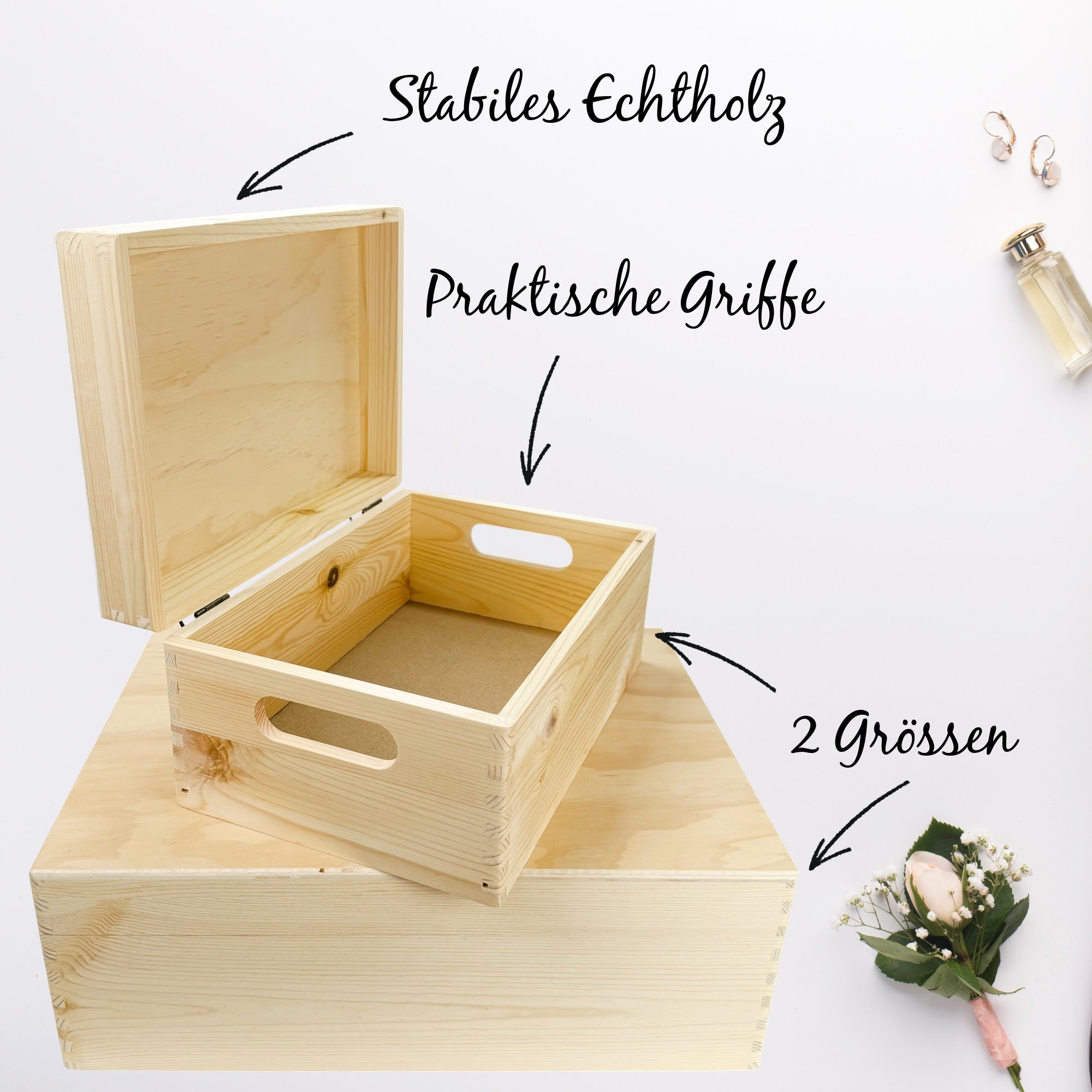 Hochzeits-Erinnerungsbox aus Echtholz mit praktischen Griffen, stabilen Beschlägen und in zwei Größen verfügbar