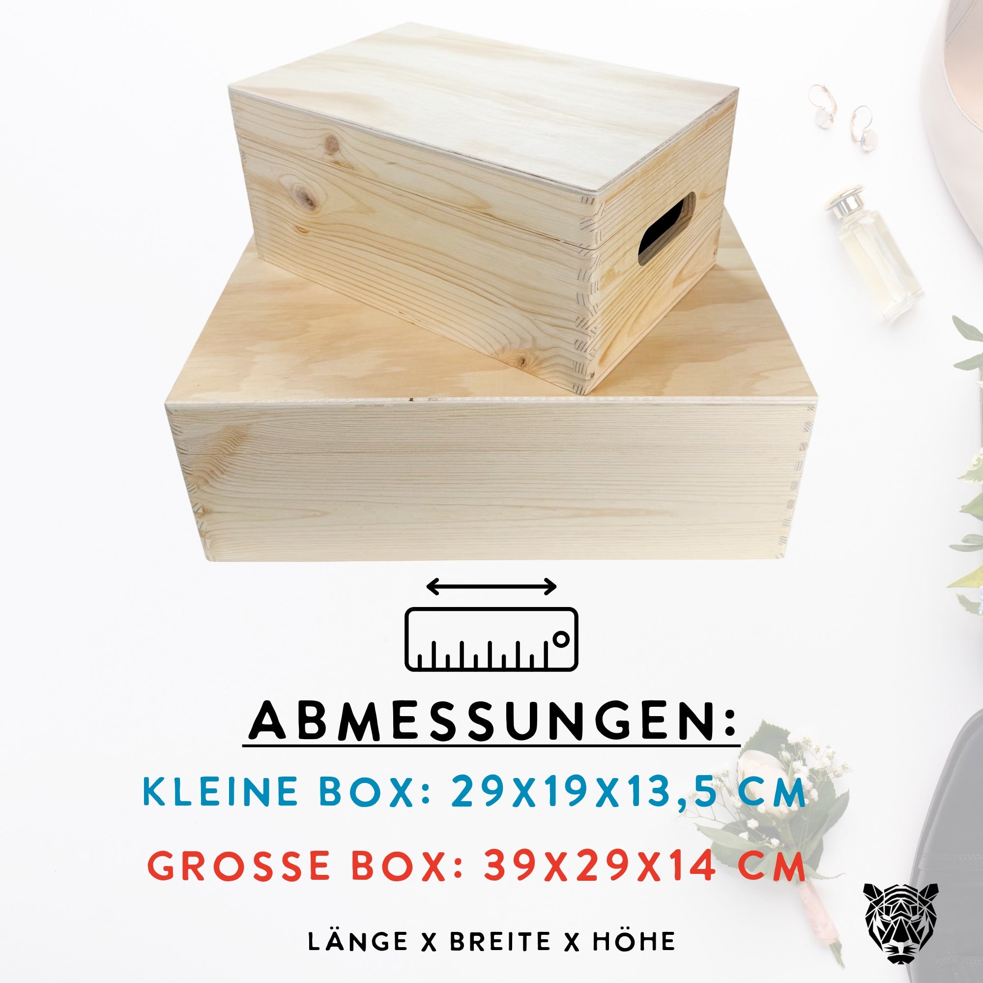 Maße der Hochzeits-Erinnerungsbox aus Holz – kleine Box 29x19x13,5 cm und große Box 39x29x14 cm Größenübersicht