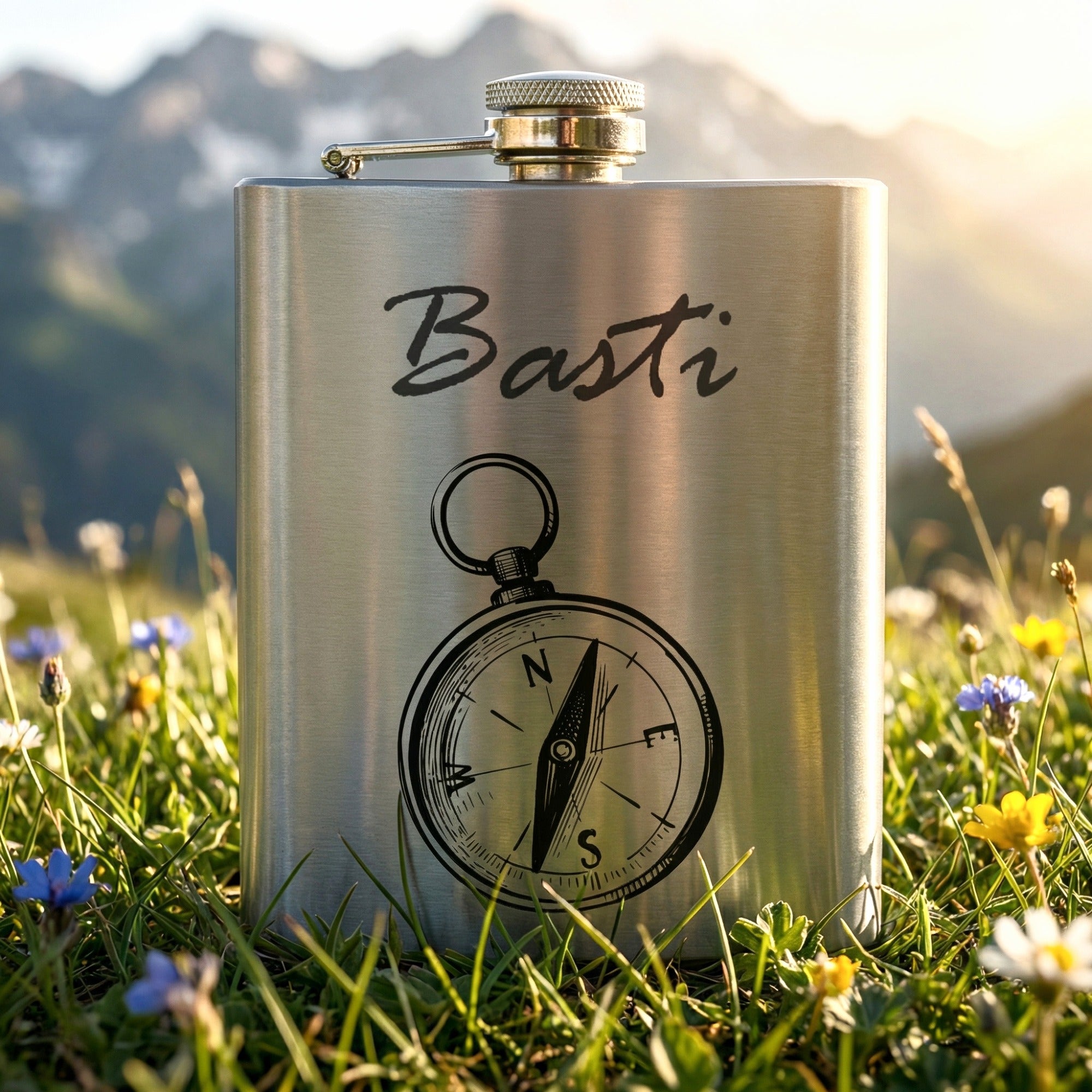 Personalisierter Edelstahl Flachmann mit Kompass Gravur und Name Basti auf alpiner Bergwiese bei warmem Sonnenlicht