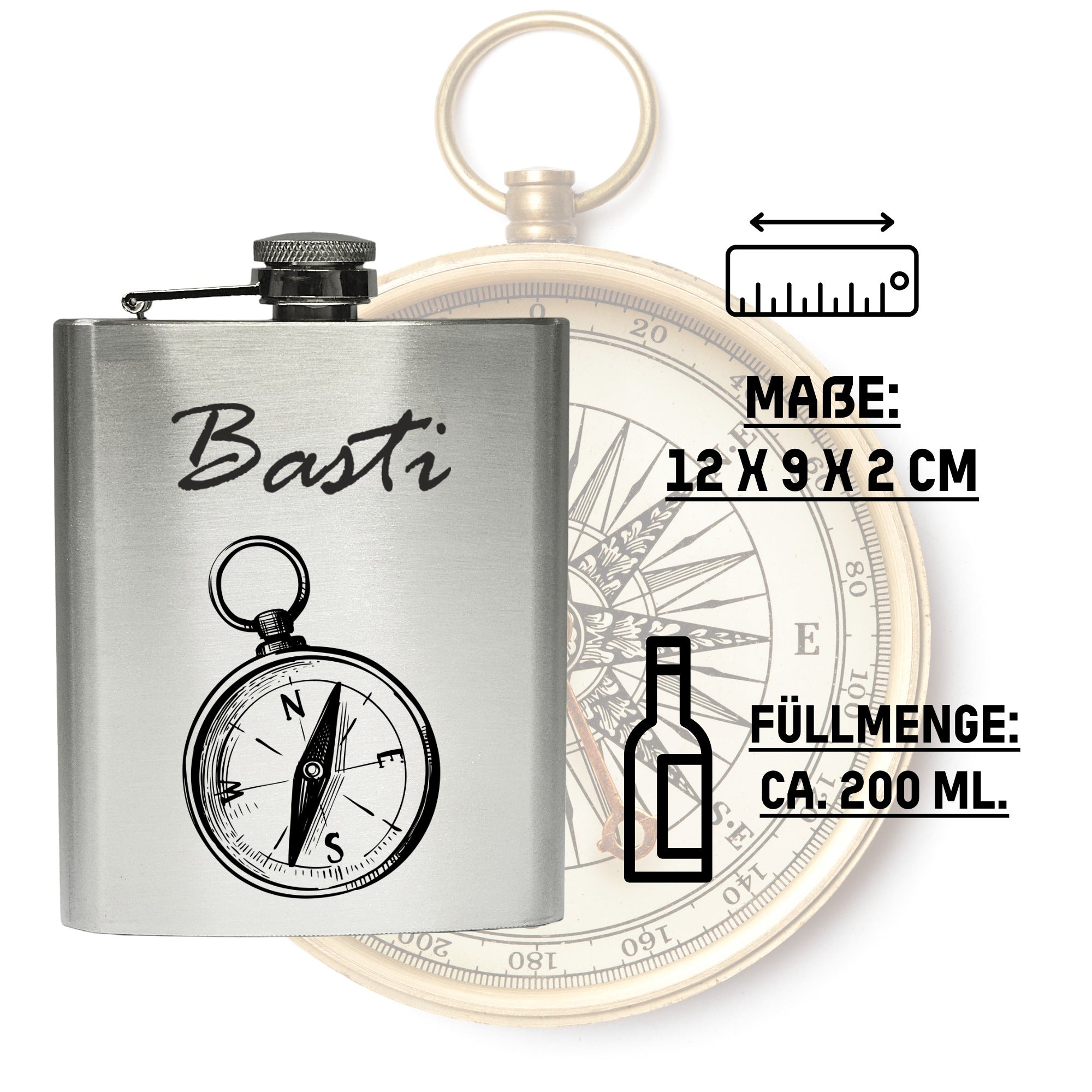 Edelstahl Flachmann personalisiert mit Kompass Motiv – Maße 12x9x2 cm, ca. 200 ml, auslaufsicherer Schraubverschluss