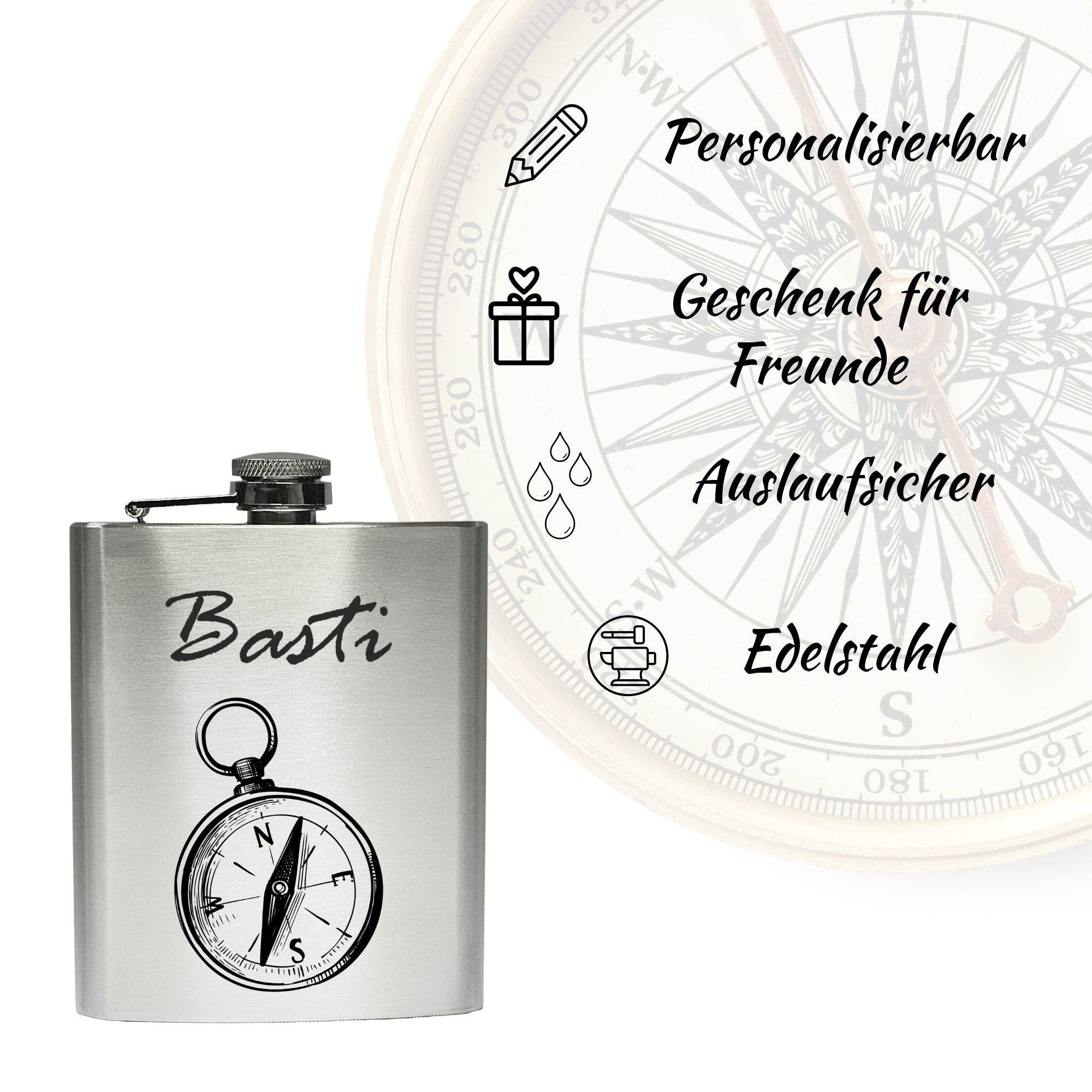 Personalisierbarer Flachmann aus Edelstahl mit Kompass Design – Geschenk für Männer, hochwertig und auslaufsicher