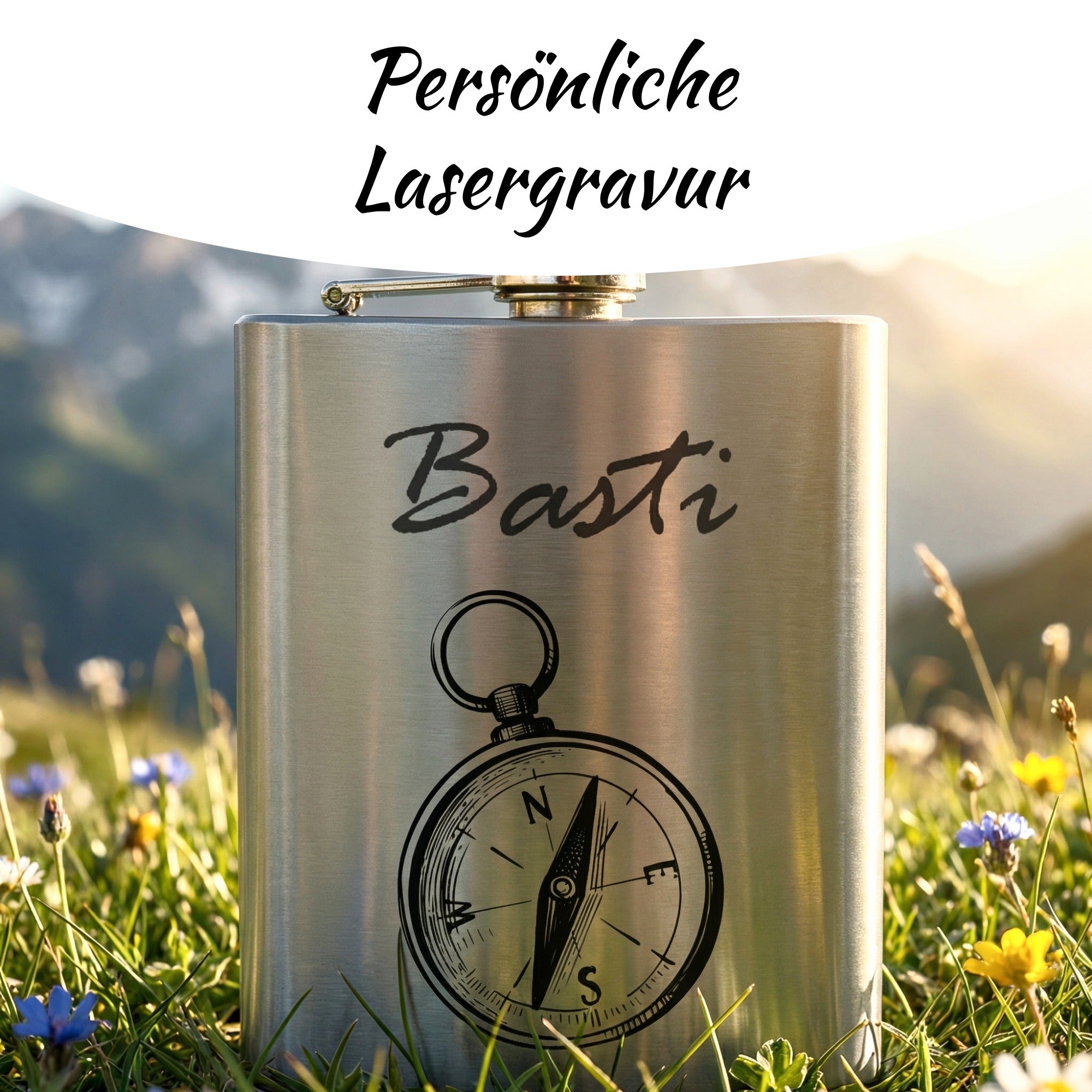 Flachmann mit individueller Namensgravur und Kompass Motiv auf gebürstetem Edelstahl – persönliche Lasergravur
