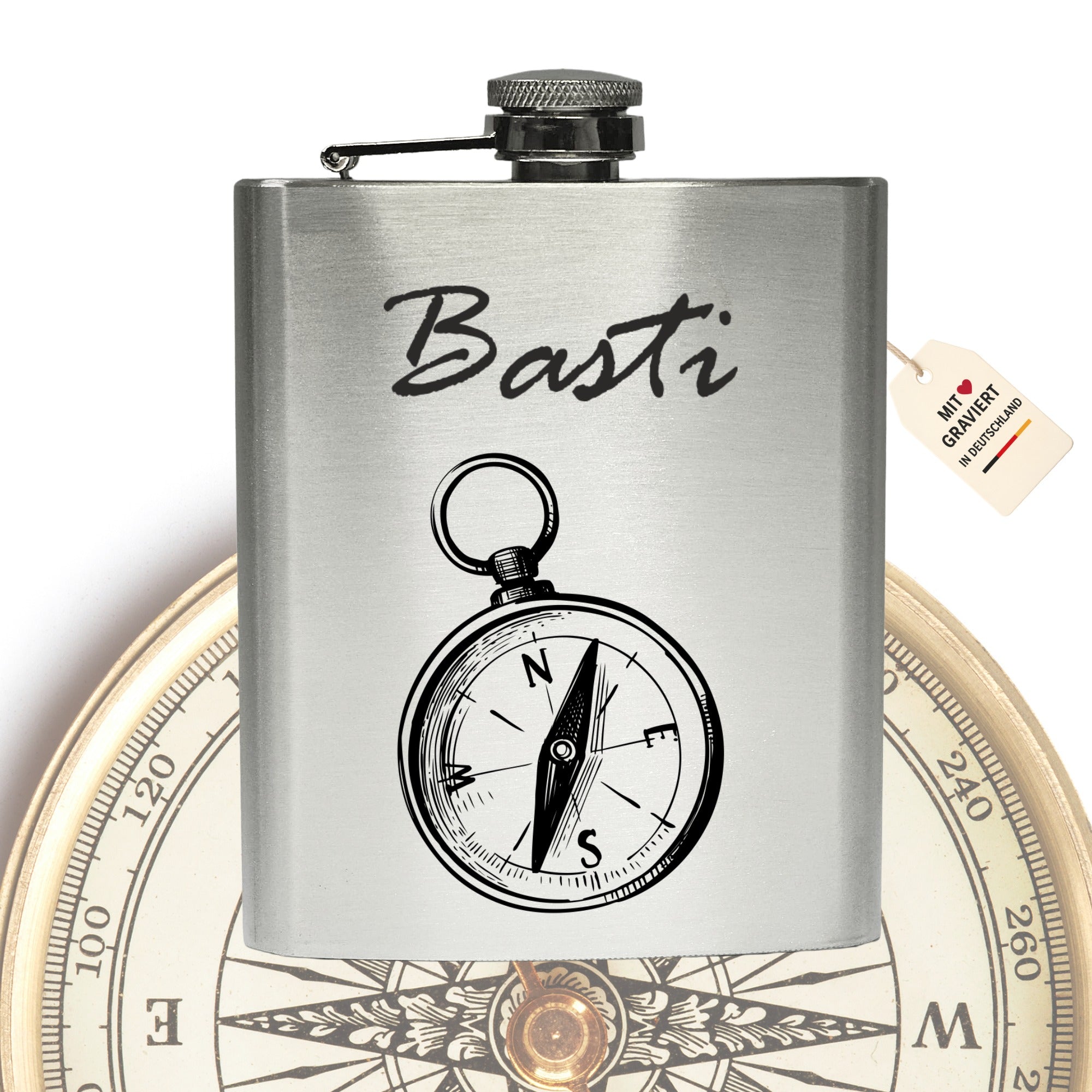 Edelstahl Flachmann mit personalisierter Kompass Gravur – graviert in Deutschland, Geschenk für Outdoor und Abenteuer Fans