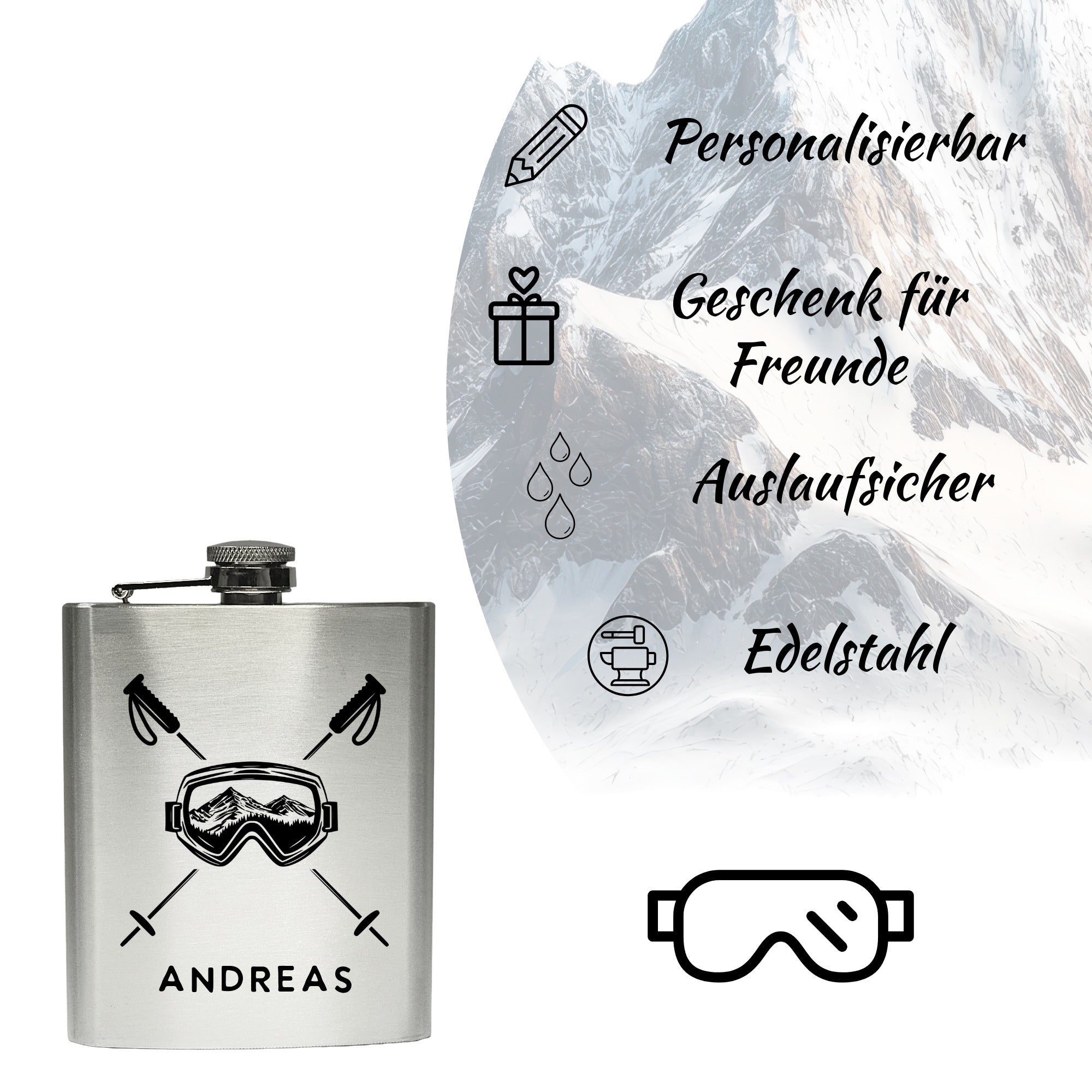 Personalisierbarer Flachmann aus Edelstahl mit Ski Design Gravur – hochwertig, auslaufsicher, ideales Männer Geschenk