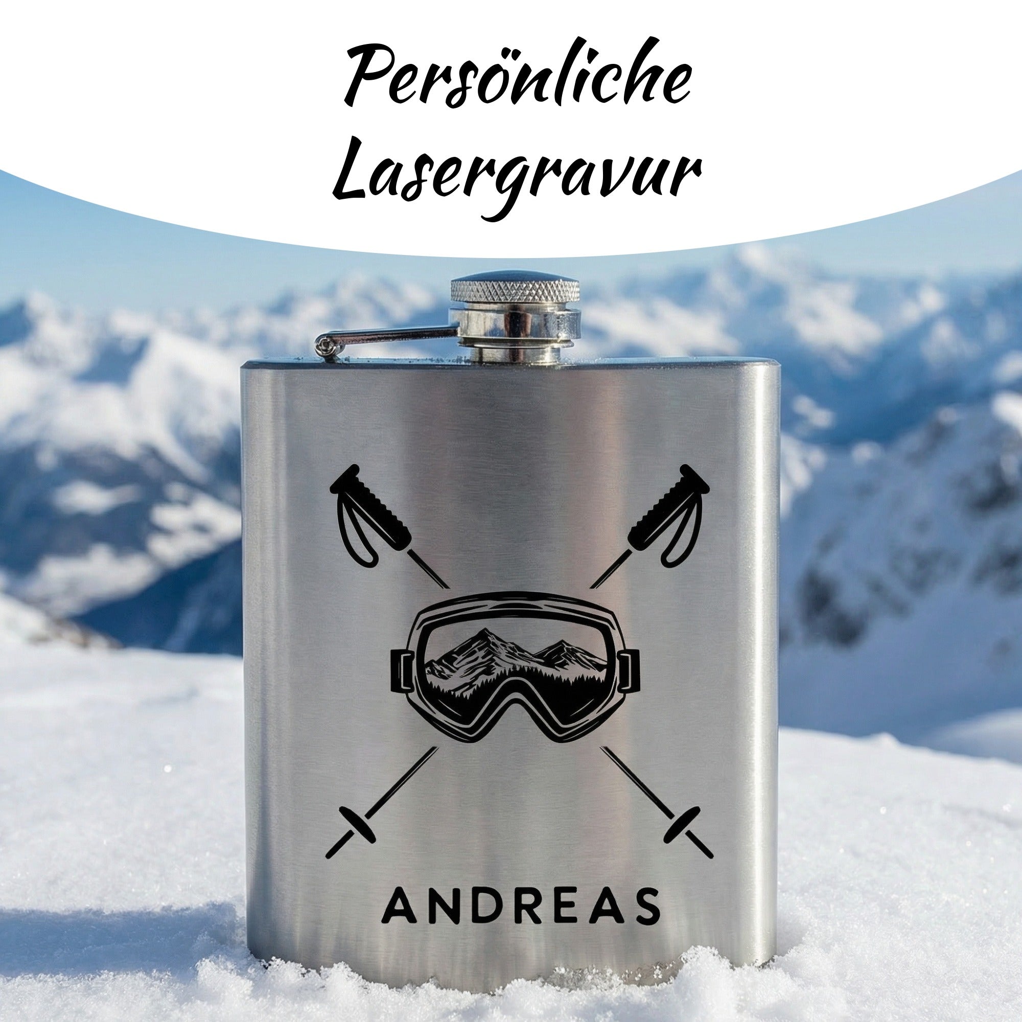 Flachmann mit individueller Lasergravur und Skibrille Motiv – personalisiertes Geschenk für Skifahrer