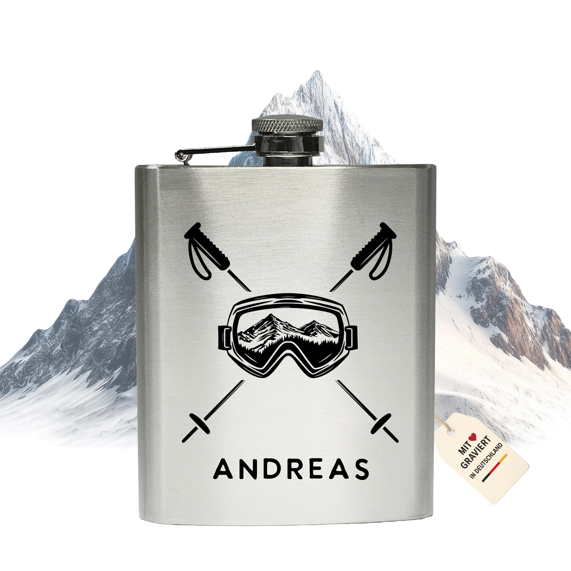 Edelstahl Flachmann mit personalisierter Skigravur – graviert in Deutschland, Geschenkidee für Wintersport Fans
