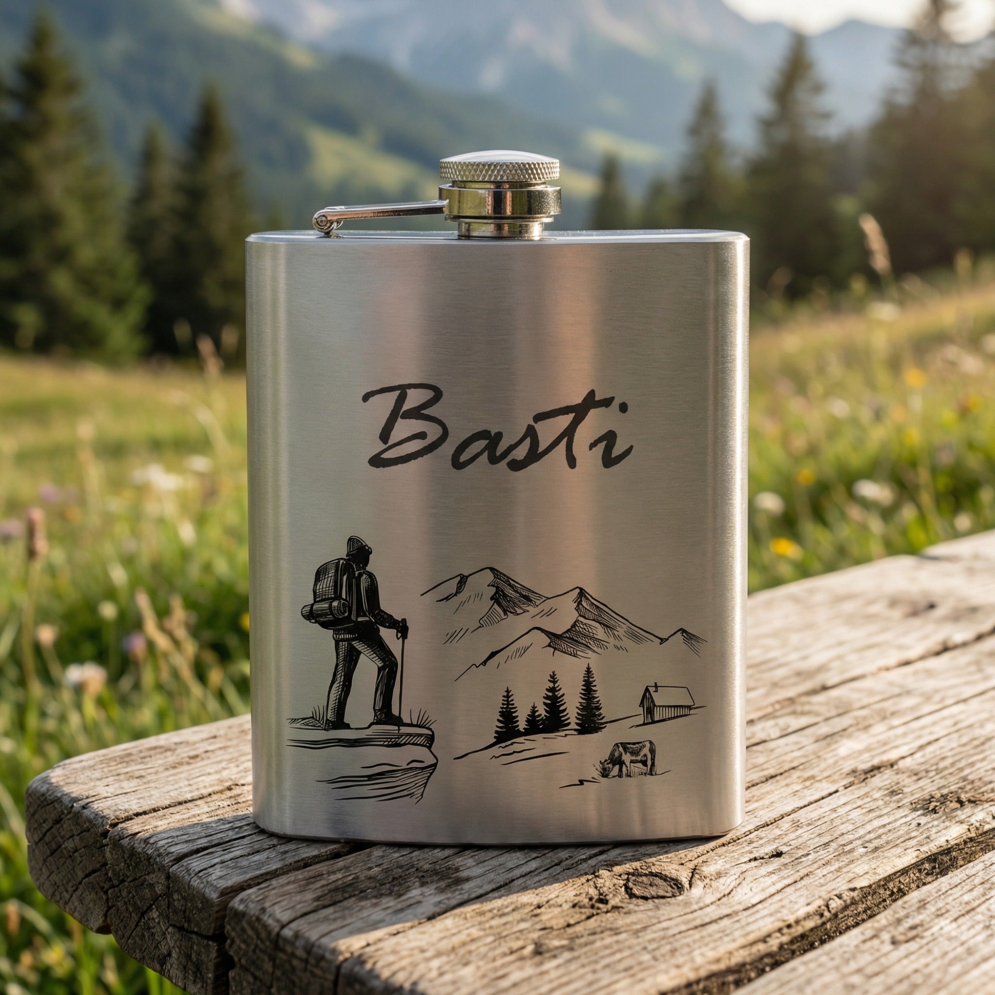 Personalisierter Edelstahl Flachmann mit Wandergravur und Wunschname auf Holztisch vor Alpenpanorama, Geschenk für Wanderer und Outdoor Fans