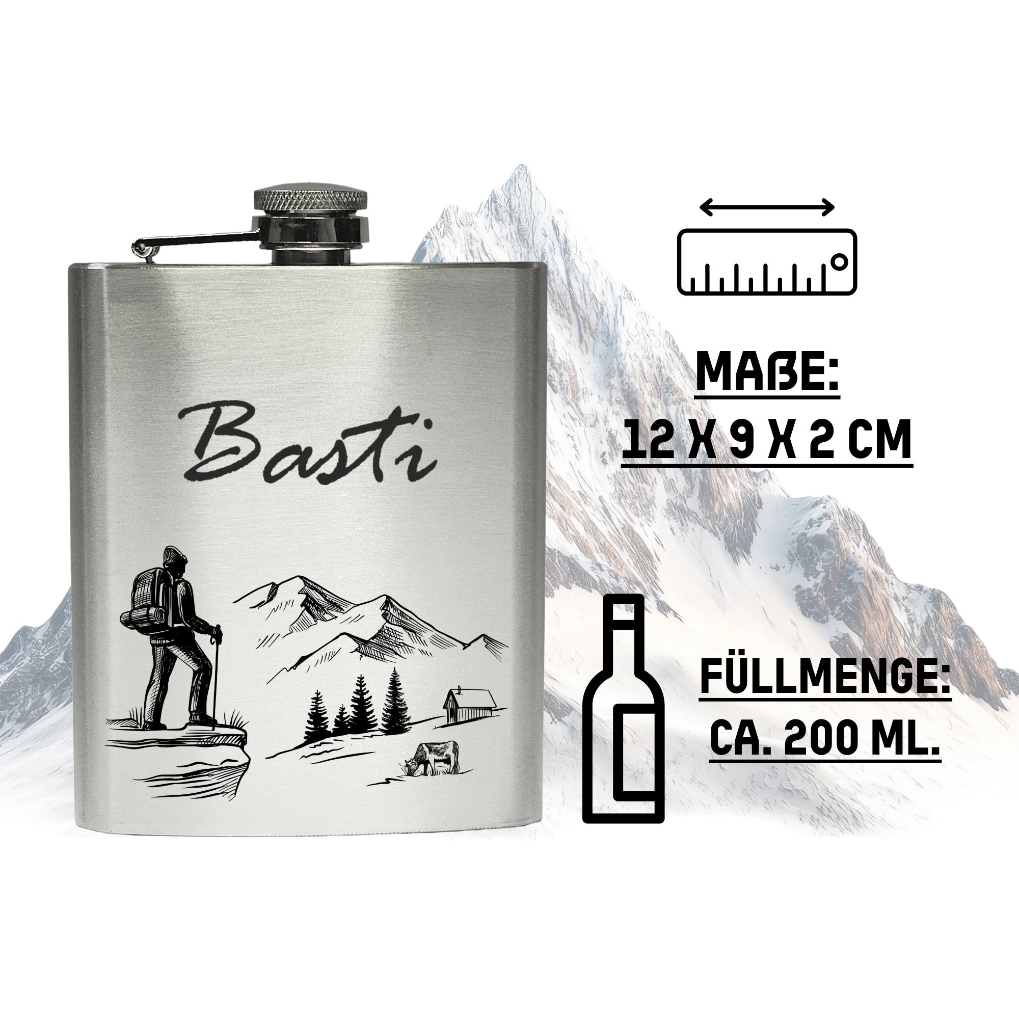 Flachmann mit Gravur aus Edelstahl mit Maßangaben 12x9x2 cm und 200 ml Füllmenge, personalisierbares Geschenk für Bergliebhaber