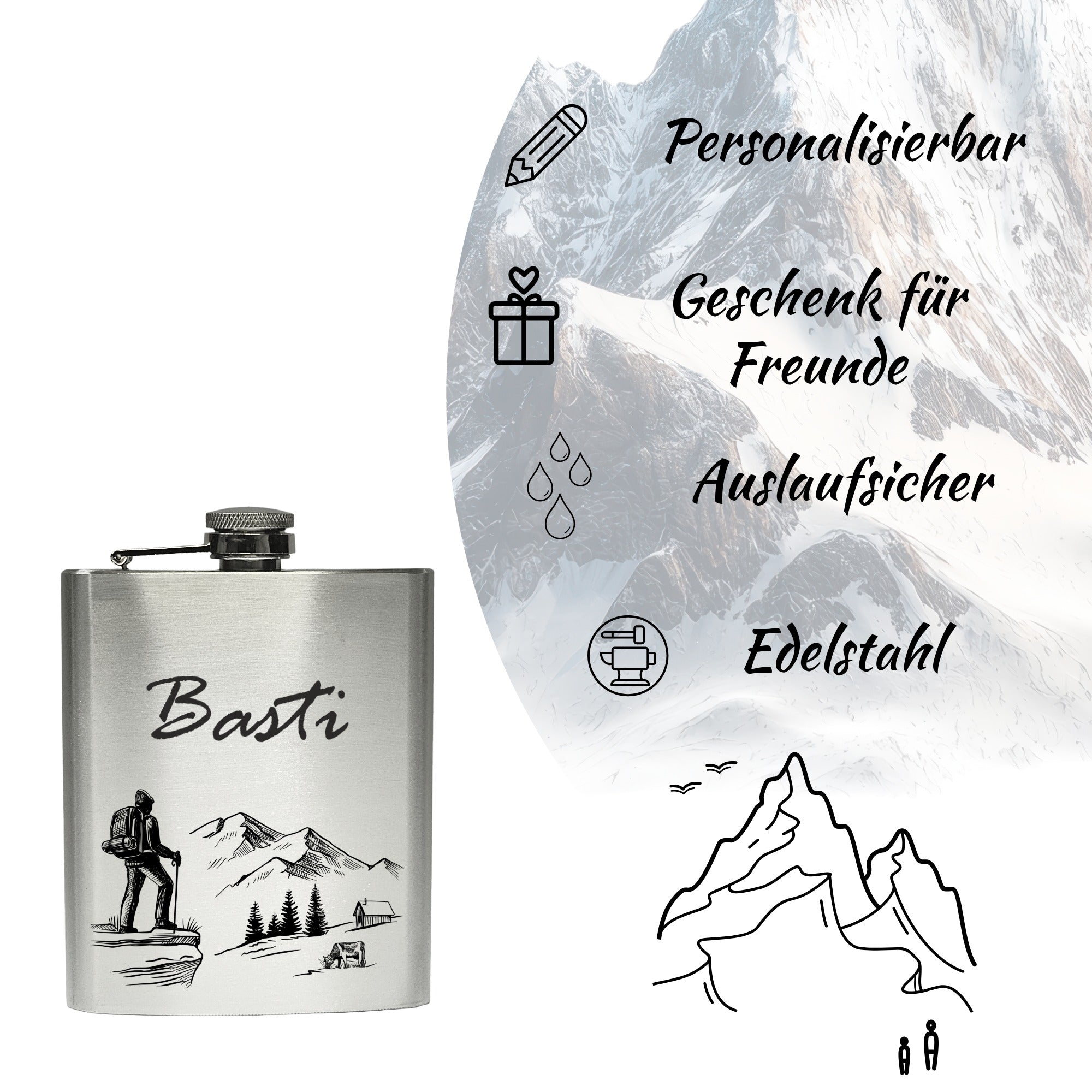 Personalisierbarer Flachmann mit Bergmotiv und Lasergravur, Geschenk für Freunde, auslaufsicherer Edelstahl Flachmann für Wanderer