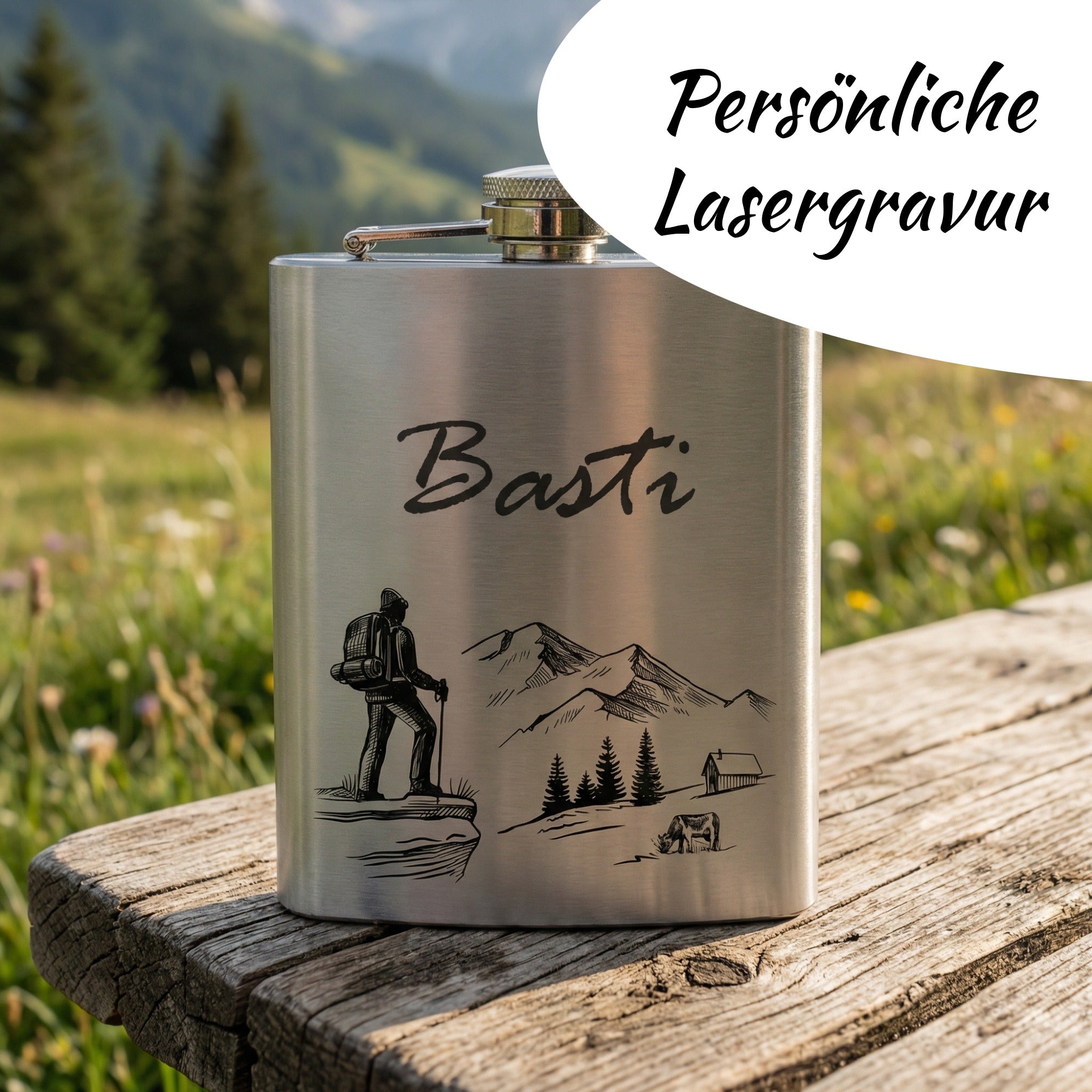 Edelstahl Flachmann mit persönlicher Lasergravur und Wunschname, hochwertiges Outdoor Geschenk für Männer und Wanderfreunde